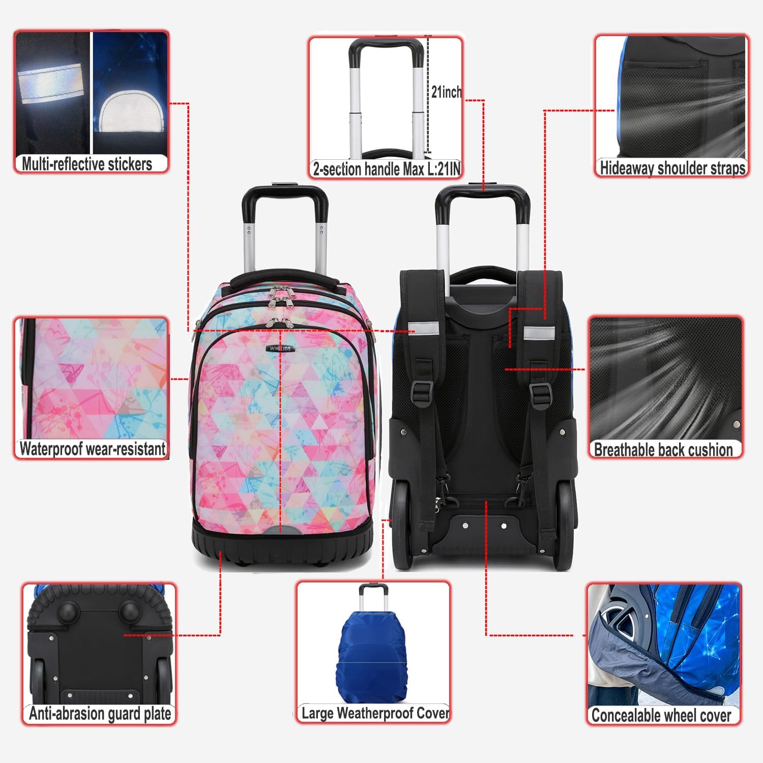 Rolling Backpack, 55L (14.5gal) Backpack with Wheels for Business, Waterproof Backpack with Dual Handles and Silent Large Wheels, Carry on Backpack with Laptop Compartment (Red,22 inch)