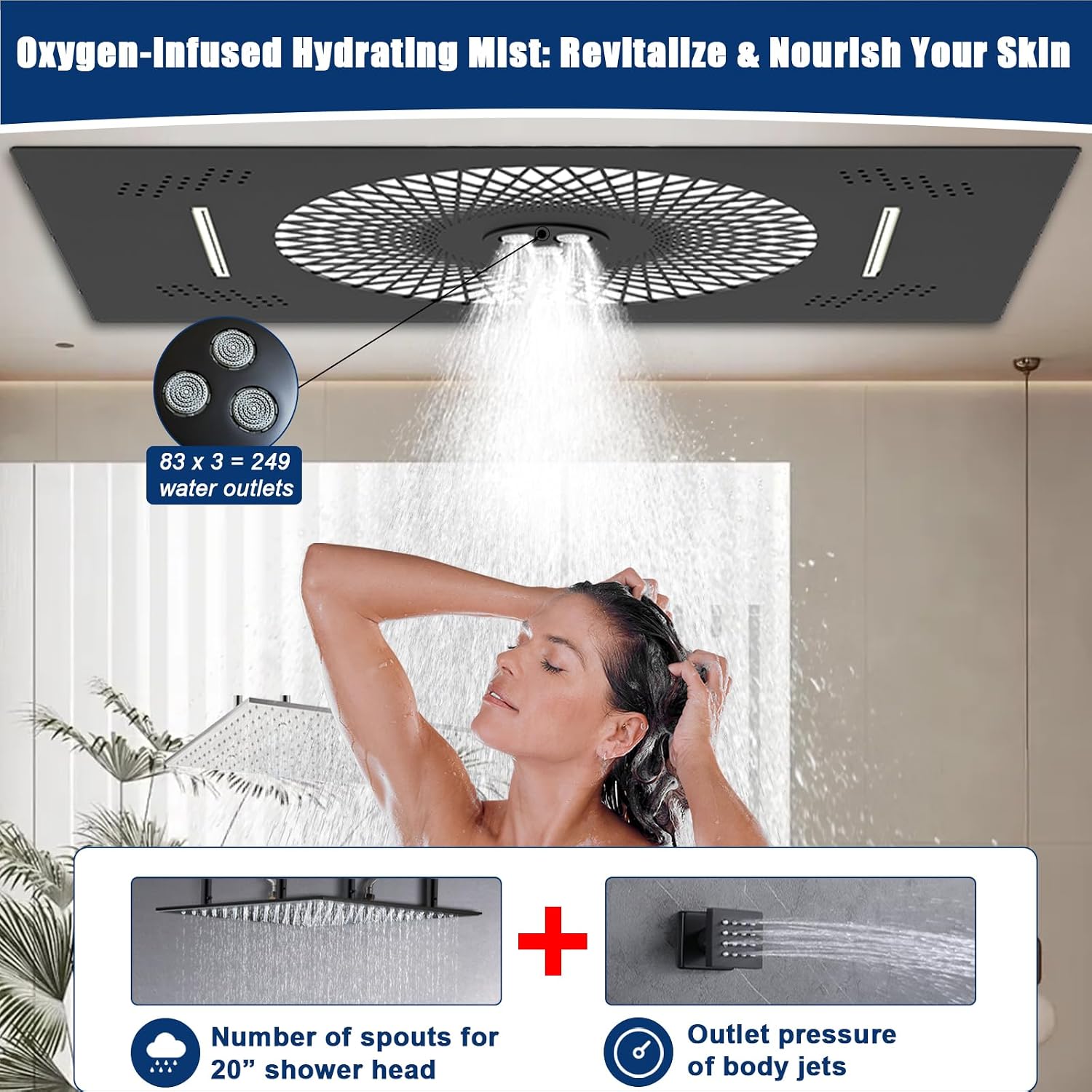 24x16 inch LED Shower head, 2 Function Stainless Steel Rectangle Waterfall And Mist Ceiling Mount Shower Head, 600 * 405mm Spray Waterfall Shower Head with Remote Control, Matte Black
