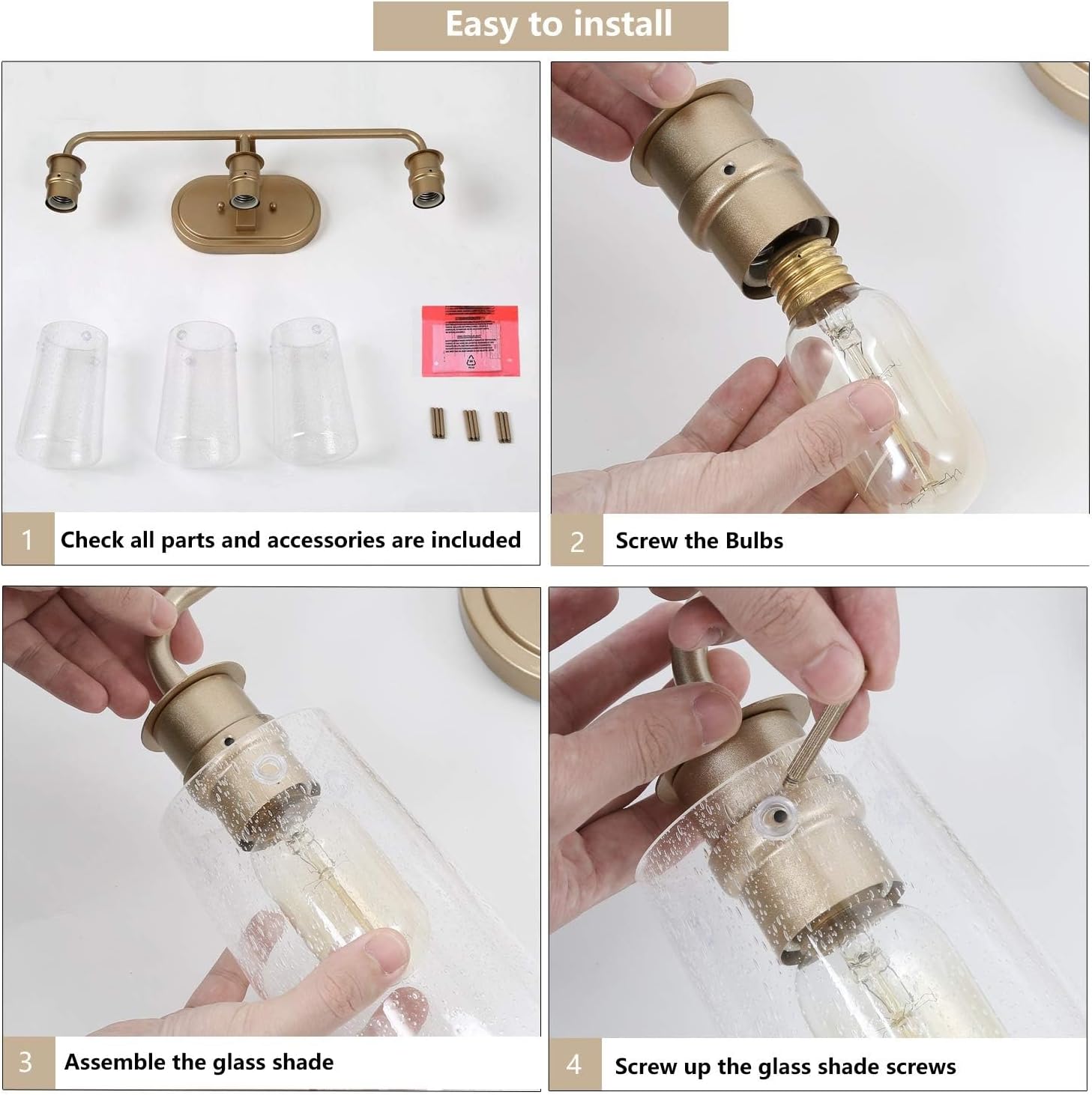 KSANA Gold Vanity Lights, 3-Light Modern Bathroom Light Fixture with Seeded Glass Shade