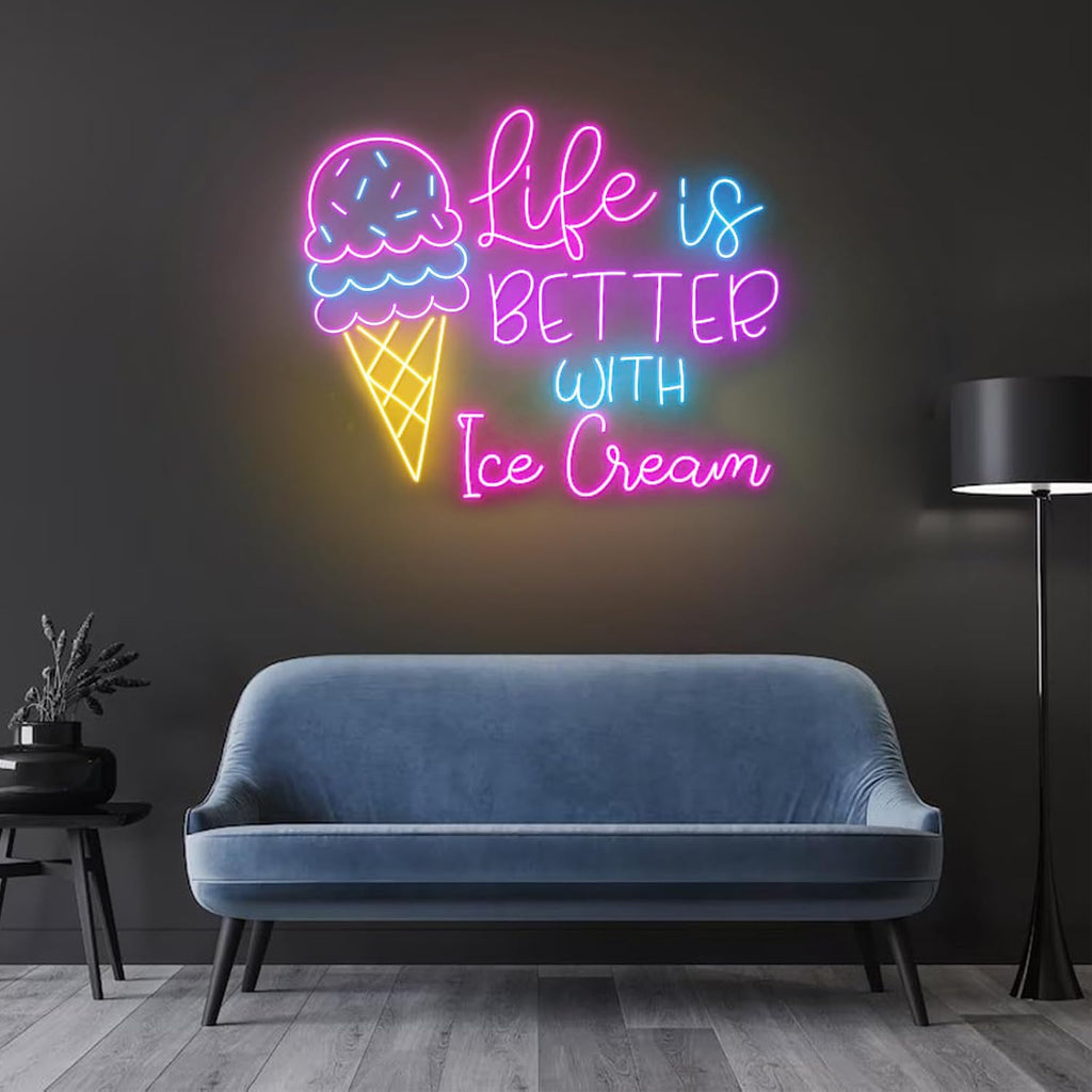 Life Is Better With Ice Cream Neon Sign LED Ice Cream Open Neon Light Signs Wall Decor for Bar Shop, Home, Bedroom,Party Gift Size: 28 inches