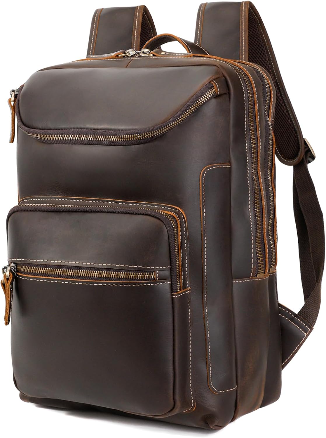 LANNSYNE Vintage Leather Backpack for Men, 16' Laptop Full Grain Leather Travel Backpack with Ergonomic Shoulder Straps, Lightweight Business Daypack Rucksack for Work Commute Hiking Camping
