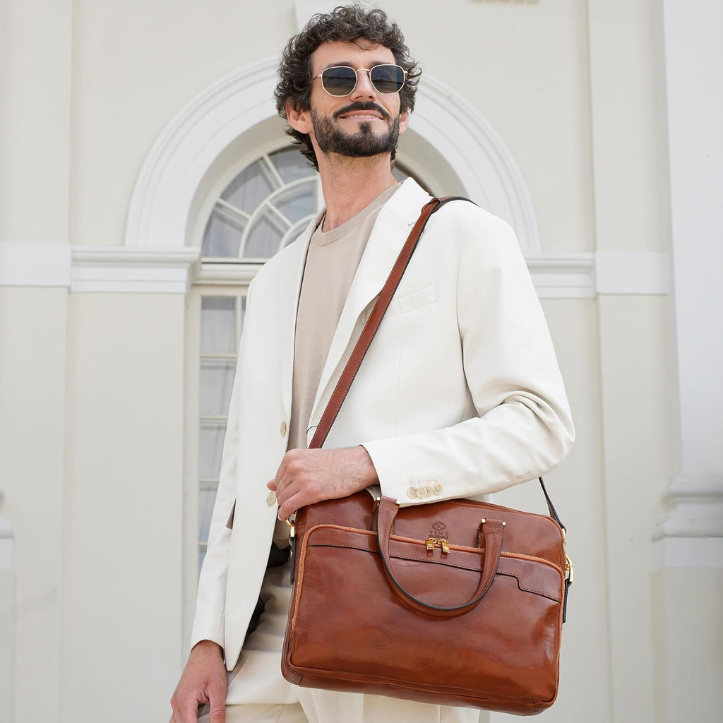 Time Resistance Leather Briefcase - Italian Handmade Leather Laptop Bag - Briefcase for Men and Women - Computer Bag