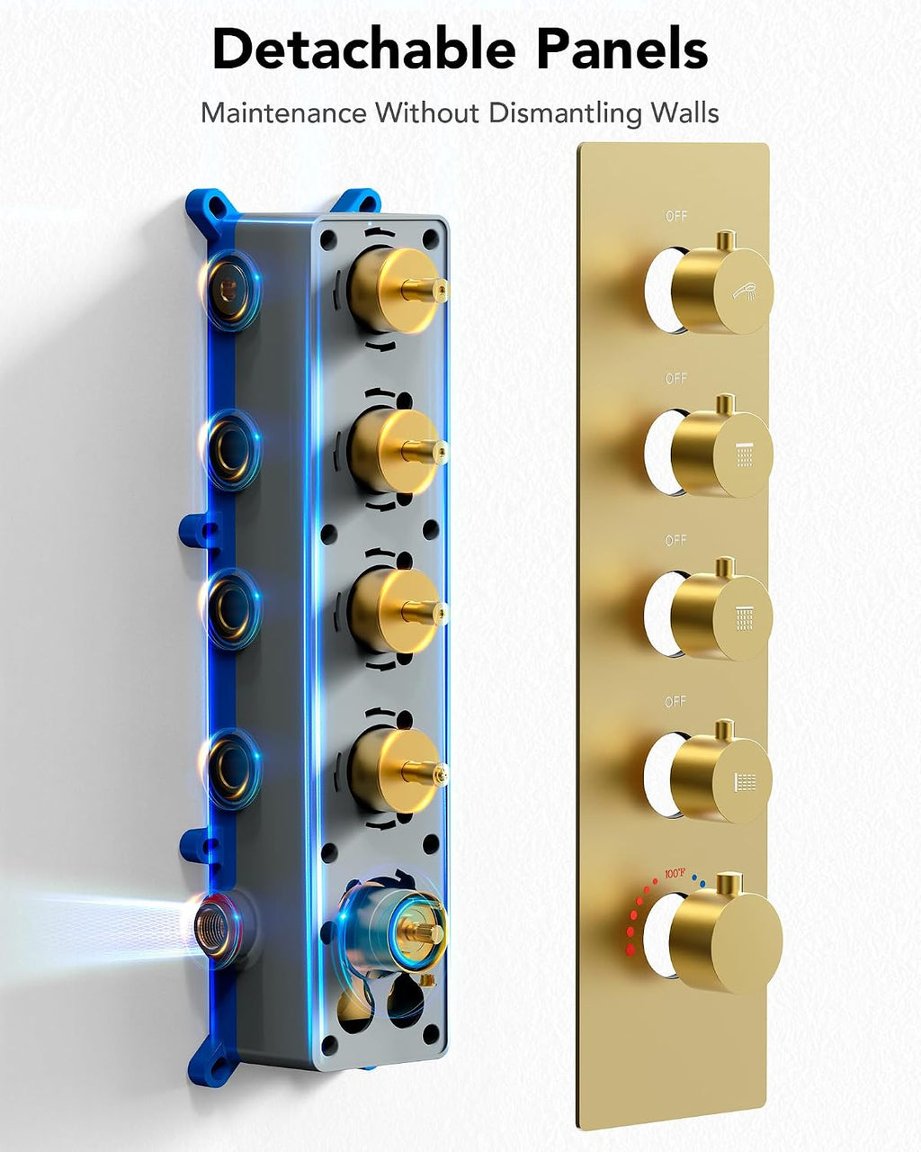 Dual Shower Heads Shower System: Aposhion Thermostatic Shower System - 16' & 6' Rainfall Shower Heads with Handheld Sprayer & 6 Body Massage Jets, Bathroom Shower Faucet Set with Valve, Brushed Gold