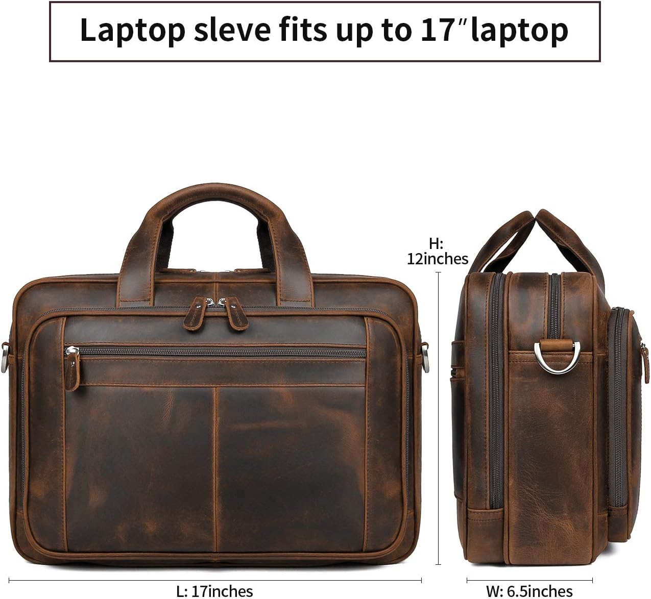 Augus Business Travel Briefcase Genuine Leather Duffel Bags for Men Laptop Bag fits 15.6 inches Laptop YKK Metal Zipper (Dark brown)