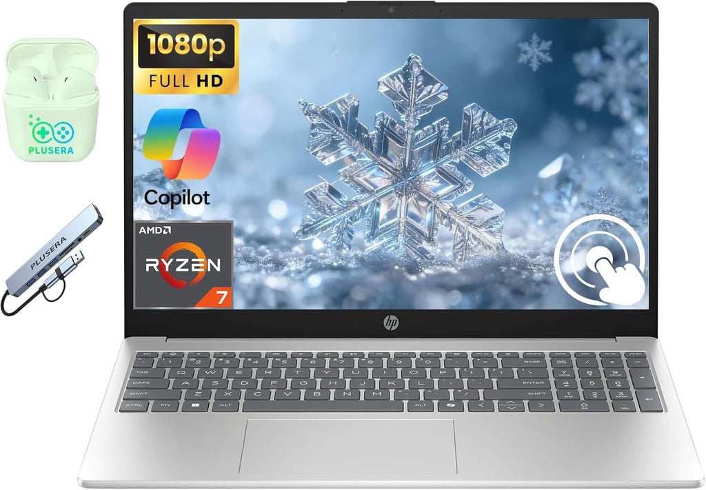 HP Laptop, 15.6' FHD Touchscreen Business Laptop Computer, 8-core AMD Ryzen 7 Processor, Windows 11 Laptop 12GB RAM 512GB Storage (256B SSD+256GB Docking Set), PLUSERA Earphones, Natural Silver