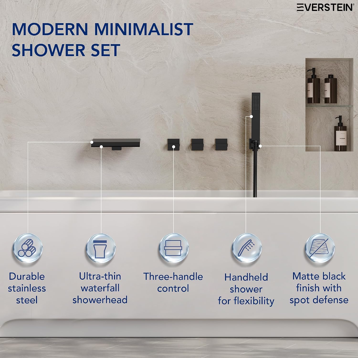 Wall Mounted Waterfall Bathtub Shower Faucet Set, 3 Handle Bathroom Shower Fixtures Set Combo with Tub Spout & Handheld Spray, Matte Black
