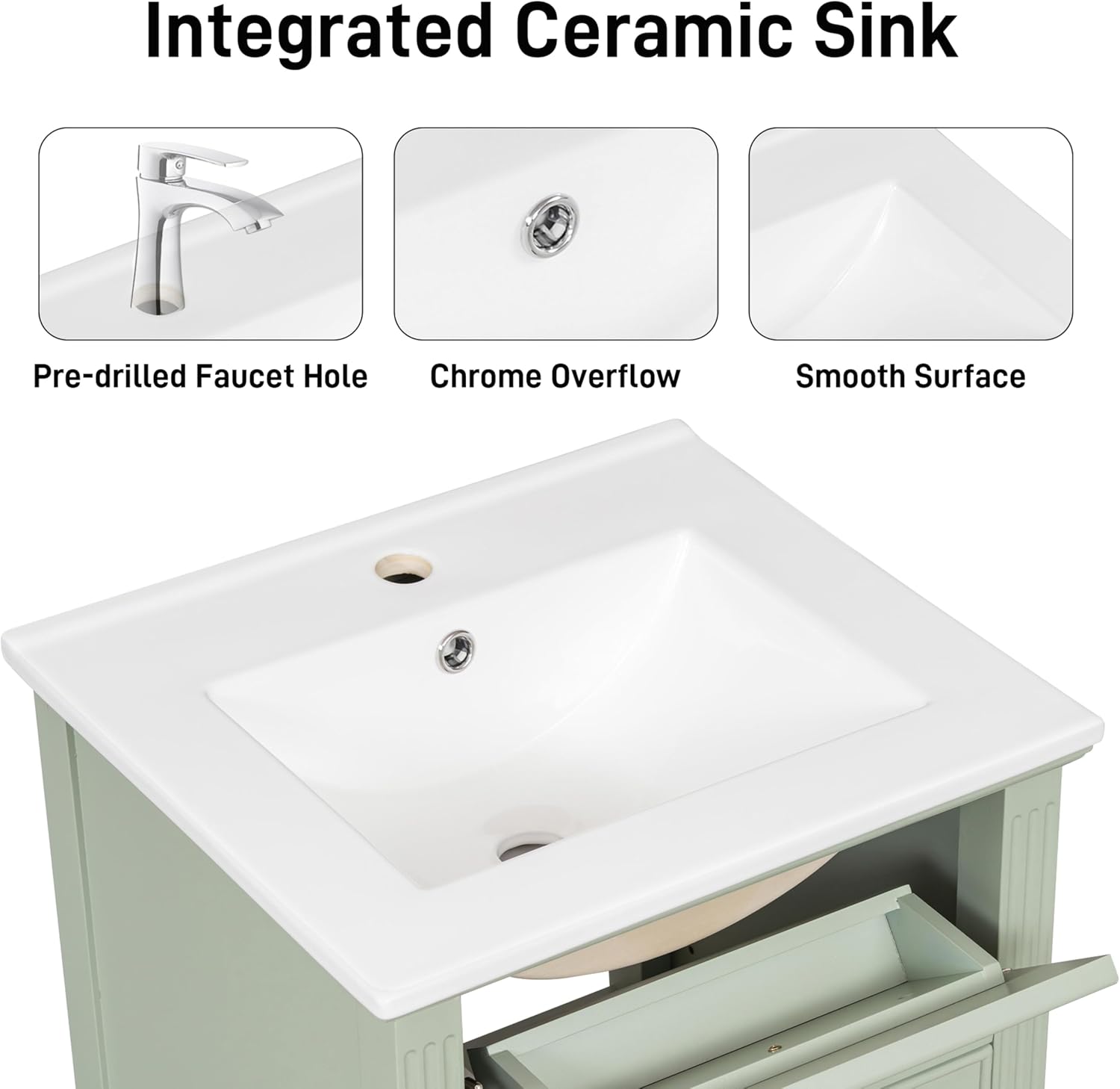 20 Inch Freestanding Bathroom Vanity with Ceramic Sink Set Combo Tip Out Drawer 1 Cabinet Door Shelf Modern Style Painted Gold-Tone Handle for Modern Small Bathroom Limited Space Green