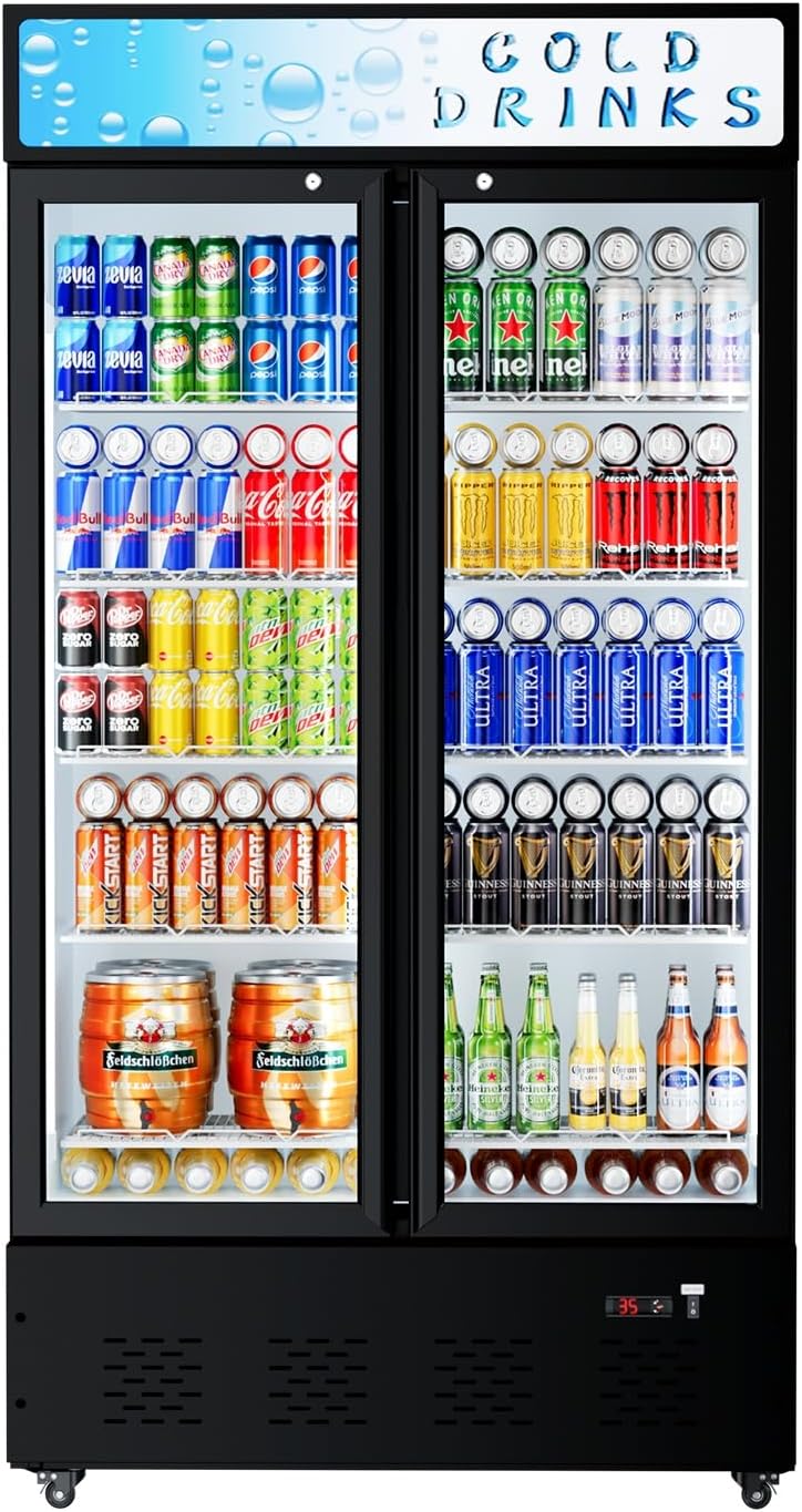 Commercial Display Refrigerator Glass Door 30 cu.ft Cooler Commercial Beverage Refrigerators with LED and 10 Shelves for Cafe, Restaurant, Store