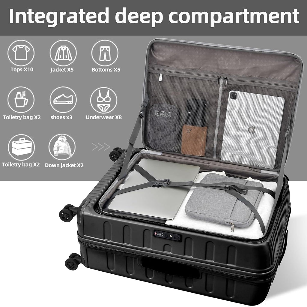 Kaleenie 2 Pieces 20/29 Luggage Sets, 20 Inch Cabin Luggage with Front Pocket & 29 Inch Side Opening Suitcase, Ligthweight ABS+PC Hardshell, TSA Lock with HINOMOTO 360° Wheels, Black