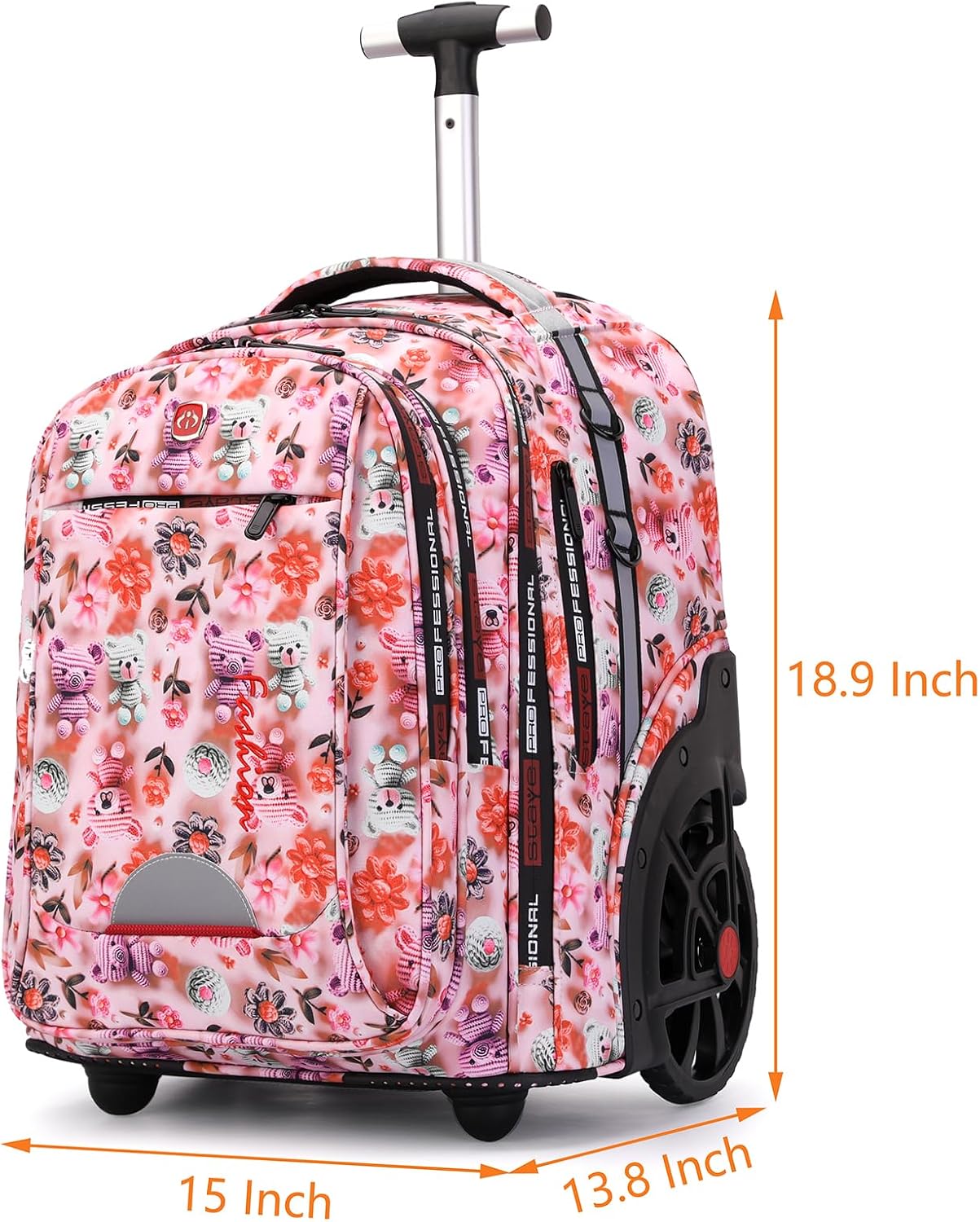 Rolling Backpack 22 Inch Backpack with Wheels for Business, College Student and Travel Commuter, Waterproof Wheeled Backpack (Pink-Flower)