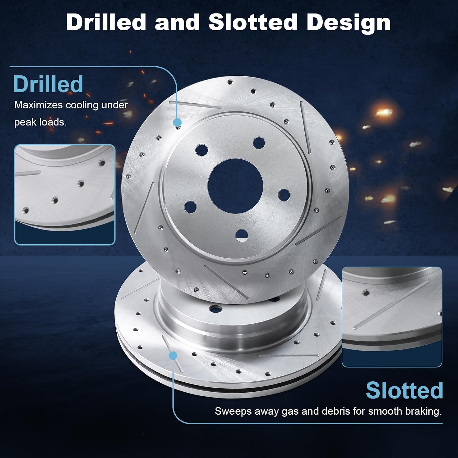 Front Drilled and Slotted Disc Brake Rotors & Ceramic Brake Pads Kit Fit for Chrysler 2007-2009 Aspen; for Dodge 2007-2009 Durango, 2006-2010 Ram 1500; for Ram 2011-2018 1500#53005 D1084