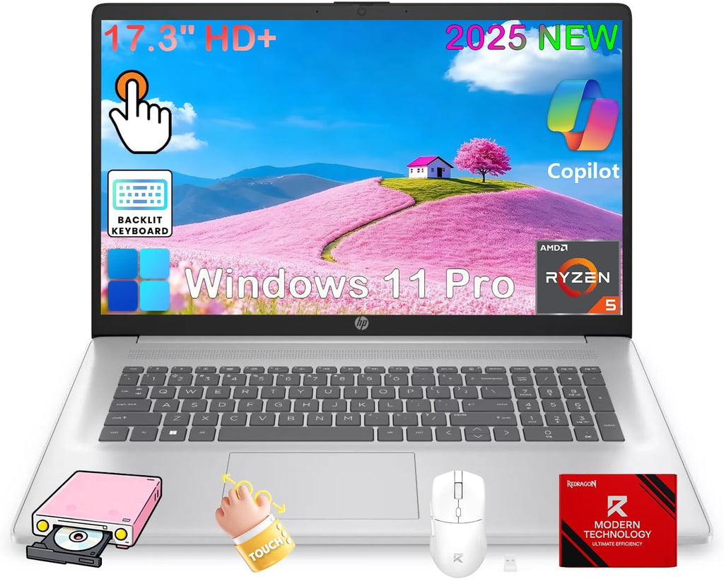 HP 17 Touchscreen Laptop Computer, AMD Ryzen 5 7430U, 17.3' HD+ AntiGlare Display, 64GB RAM, 2TB SSD, Backlit Keyboard, for Business & Student, Fast Charge, Copilot, HD Camera, Win11 Pro, Patented Kit