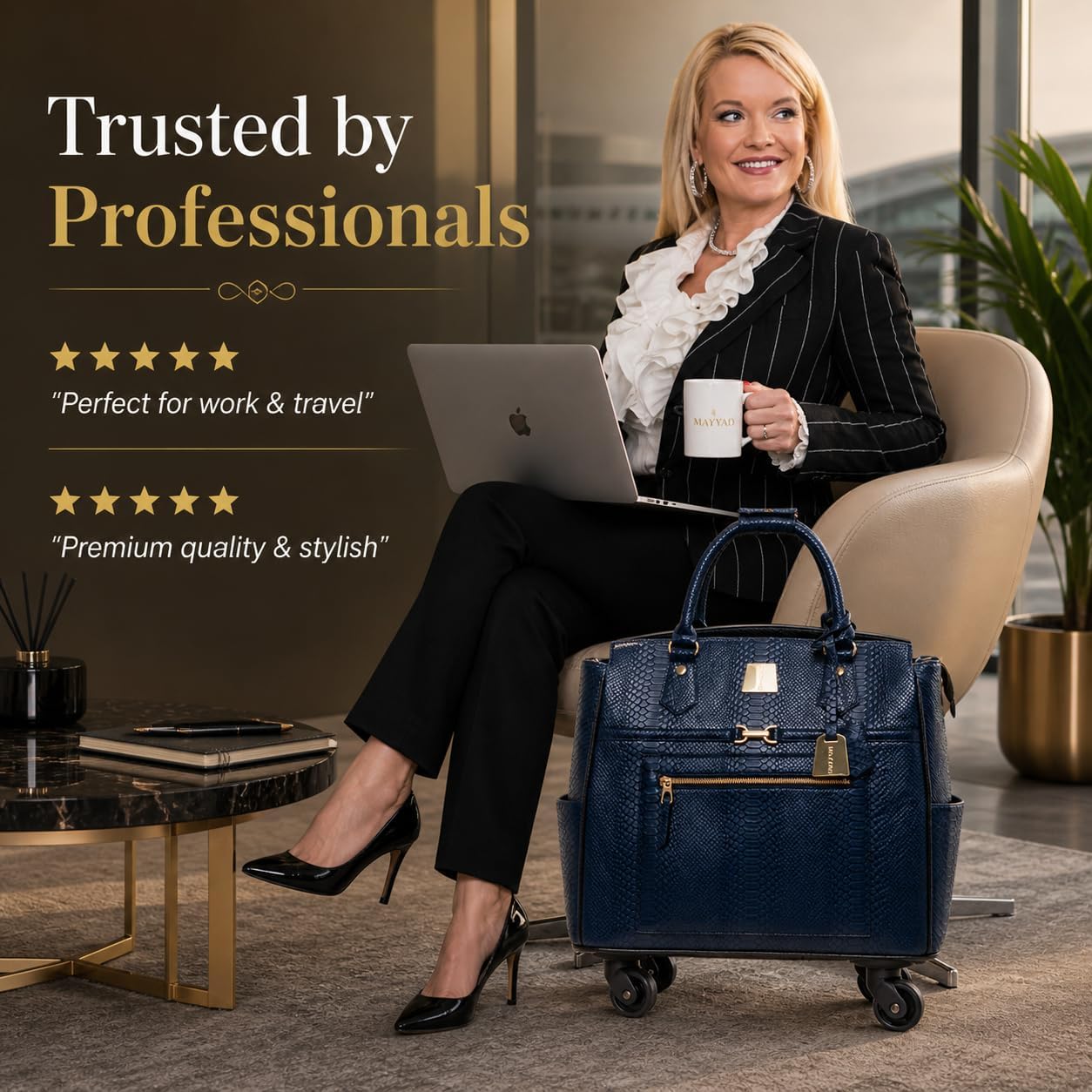 Rolling Laptop Bag for Women with Wheels & Handle Luxury Pure Leather Embossed Work Bag with Laptop Sleeve Travel Briefcase