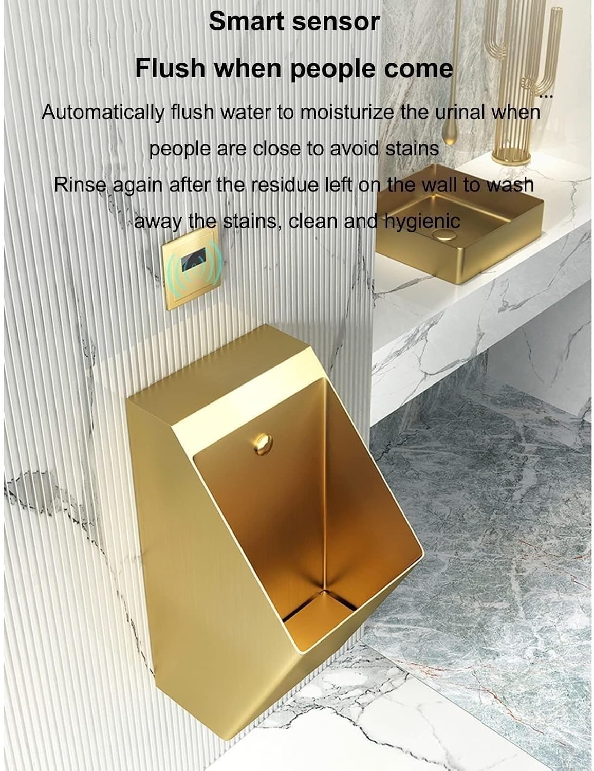 Wall Mounted Smart Men Urinal, 304 Stainless Steel Bathroom Urinals, Toilet Efficient Flushing Urinal, Male Sanitary Ware Public Toilet Urinal,Gold,Silver