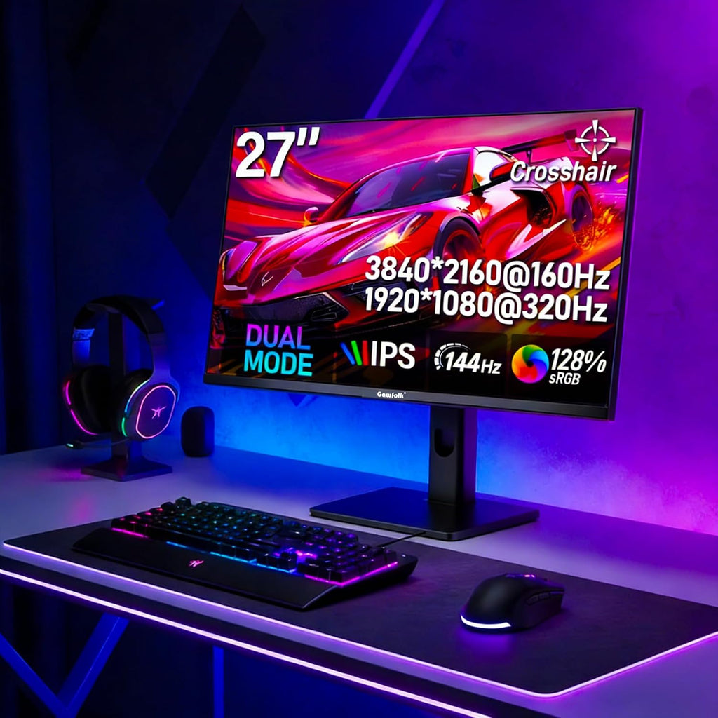 Gawfolk 27 Inch 4K Gaming Monitor, UHD 160Hz/ FHD 320Hz Dual Mode PC Monitor, IPS Computer Screen, Built-in Speakers, PIP/PBP, FreeSync, HDMI 2.1 & DP 1.4, Wall Mount Compatible 75 * 75mm