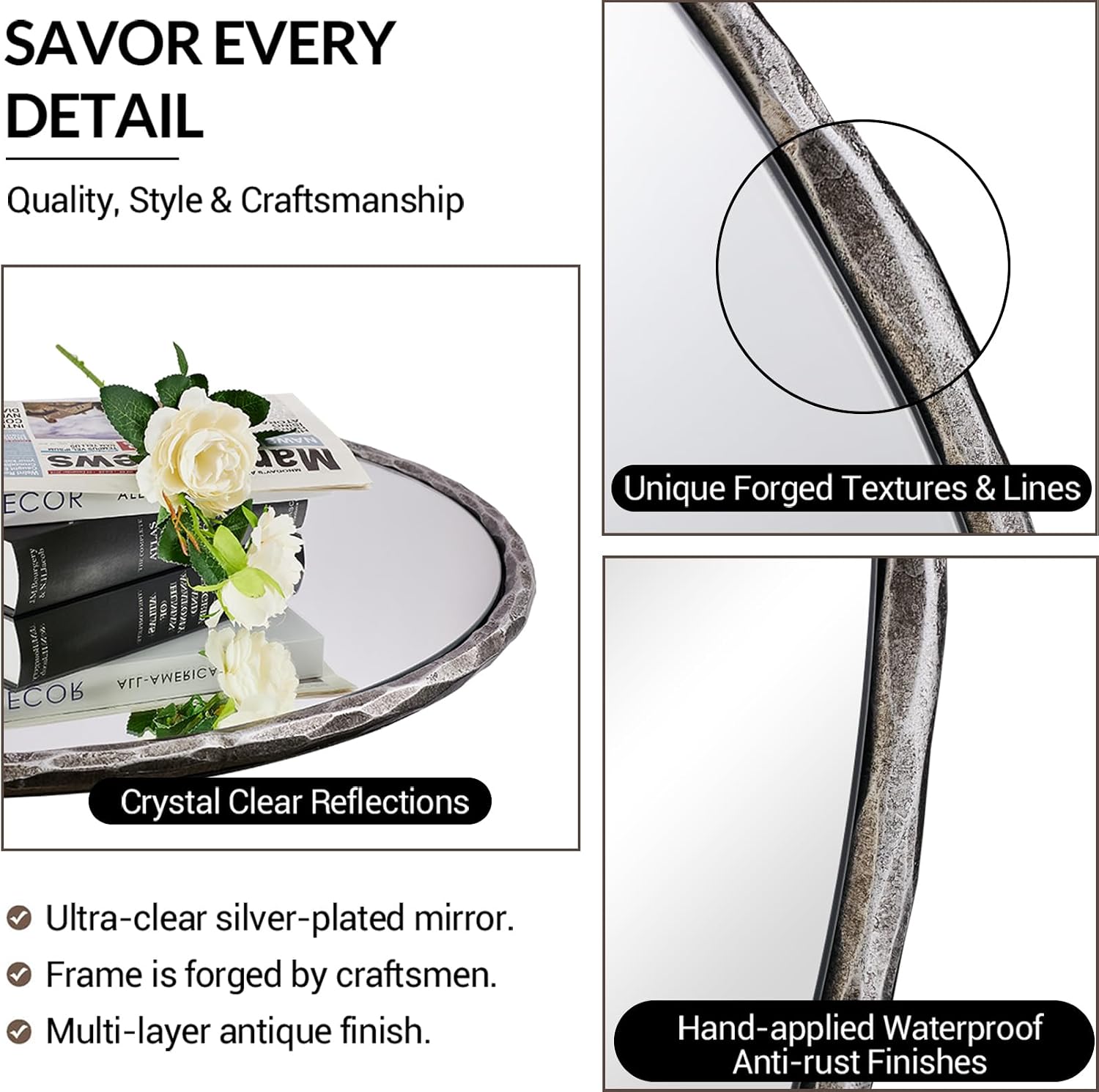ANDY STAR 30 Inch Bathroom Hammered Round Mirrors, Silver Hand-Forged Circle Wall Mirrors with Metal Frame, Antique Round Mirror for Wall, Livingroom, Entryways, Solid Steel, Anti-Rust