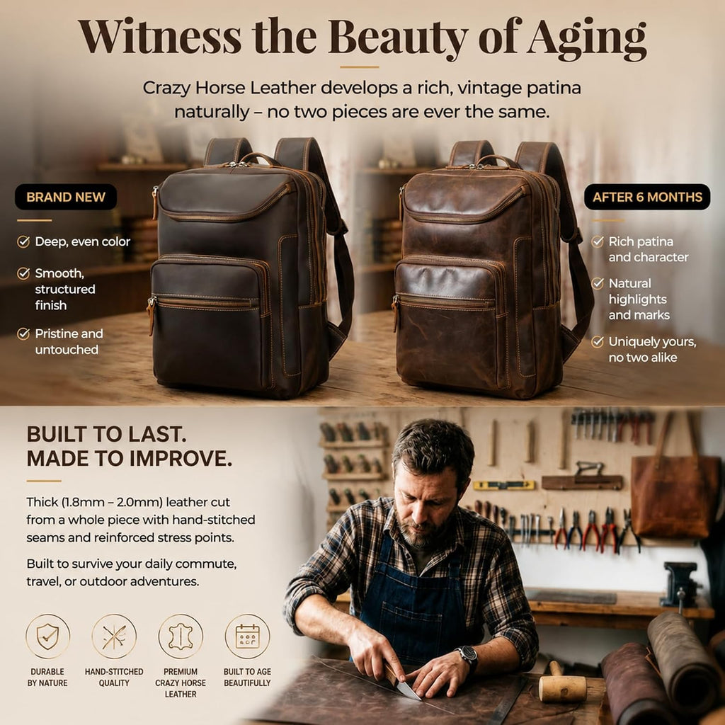 LANNSYNE Vintage Leather Backpack for Men, 16' Laptop Full Grain Leather Travel Backpack with Ergonomic Shoulder Straps, Lightweight Business Daypack Rucksack for Work Commute Hiking Camping