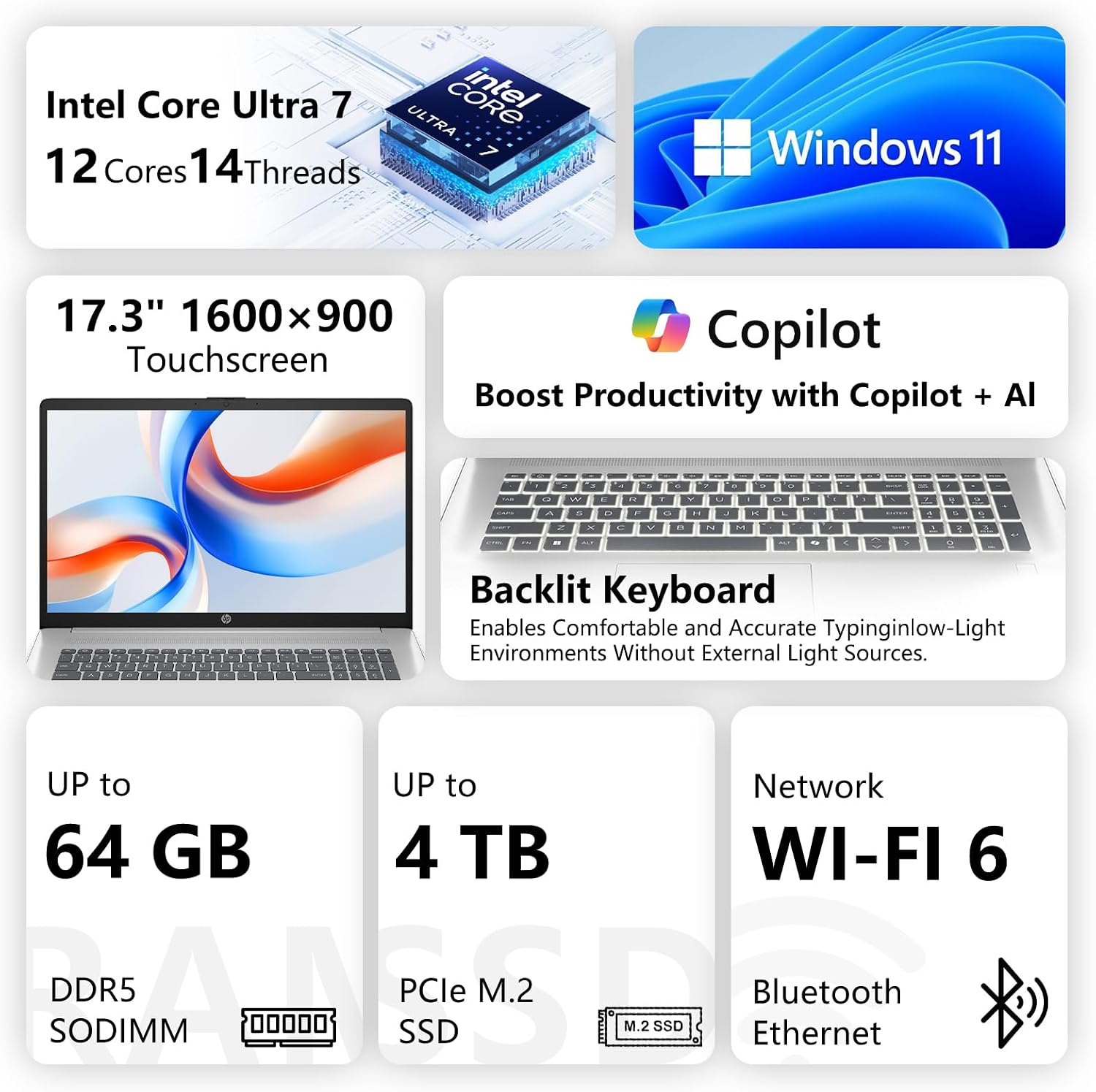HP Pro Business Copliot AI Laptop PC, 17.3' Touchscreen, Intel Ultra 7 255U, 16GB DDR5, 2TB SSD, Wi-Fi 6, Webcam, Backlit Keyboard, Fingerprint Reader, Bundle with PCO Laptop Cooler