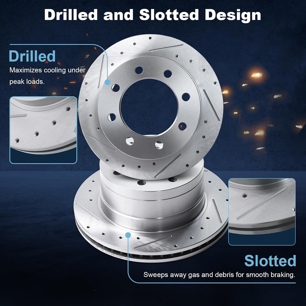 Rear Drilled and Slotted Disc Brake Rotors & Ceramic Brake Pads Kit Fit for Dodge 2006-2008 Ram 1500 (8 Lug; Mega Cab Models ONLY), 2003-2008 Ram 2500, 2003-2008 Ram 3500 Fit SRW or DRW