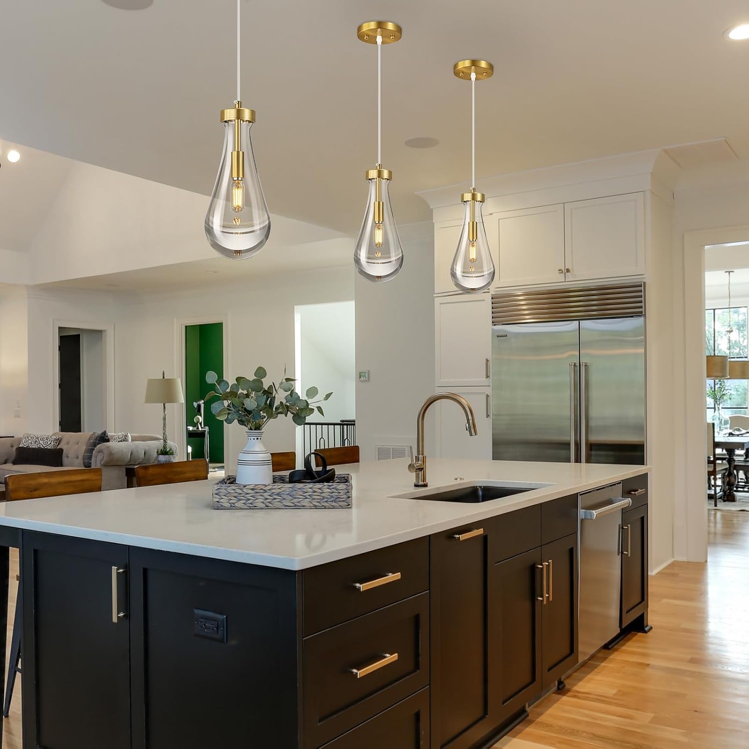 Raindrop Pendant Lights Kitchen Island Set of 3 Teardrop Gold Hanging Light Fixtures Clear Solid Glass Pendant Light Modern Chandeliers for Dining Room Porch Corridor Living Room…