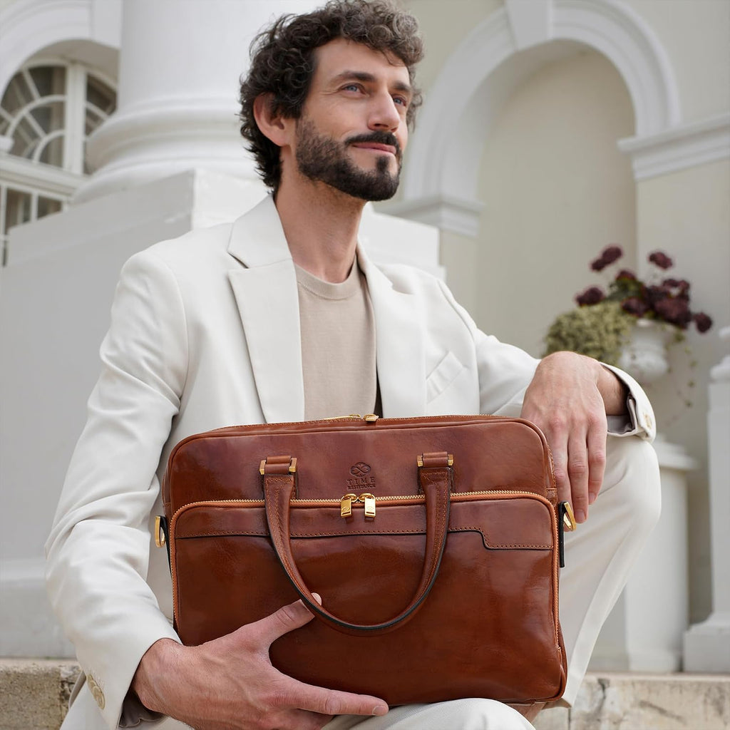Time Resistance Leather Briefcase - Italian Handmade Leather Laptop Bag - Briefcase for Men and Women - Computer Bag