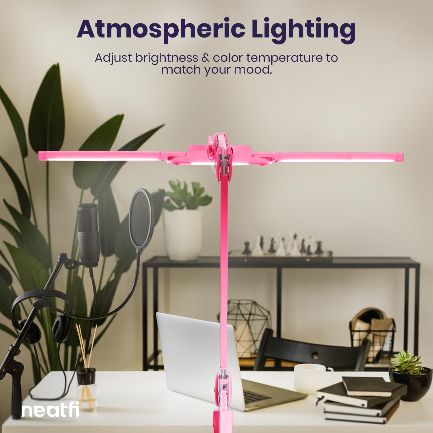 Neatfi LED Desk Lamp | 3,000 Lumens | Dimmable 30W Desk Light | 360 SMD LEDs | CRI 95 | Adjustable Color Temperature | Task Lamp for Home, Office, or Workbench (Pink, 41-Inch, CCT with Clamp)