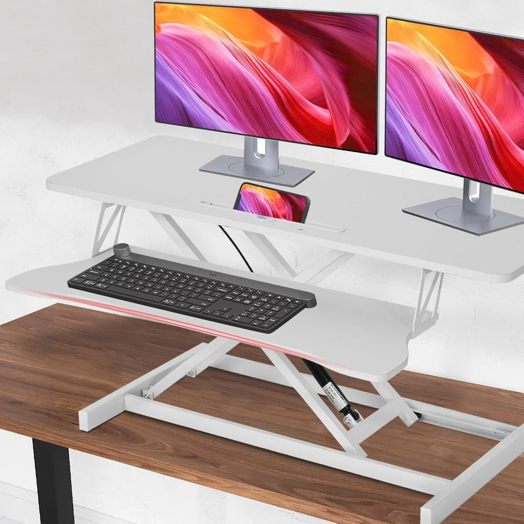 38-inch Standing Desk Converter Height Adjustable Sit to Stand Up Workstation, Duals Monitor and Laptop Riser with Wide Keyboard Tray, for Home, School, Company, White