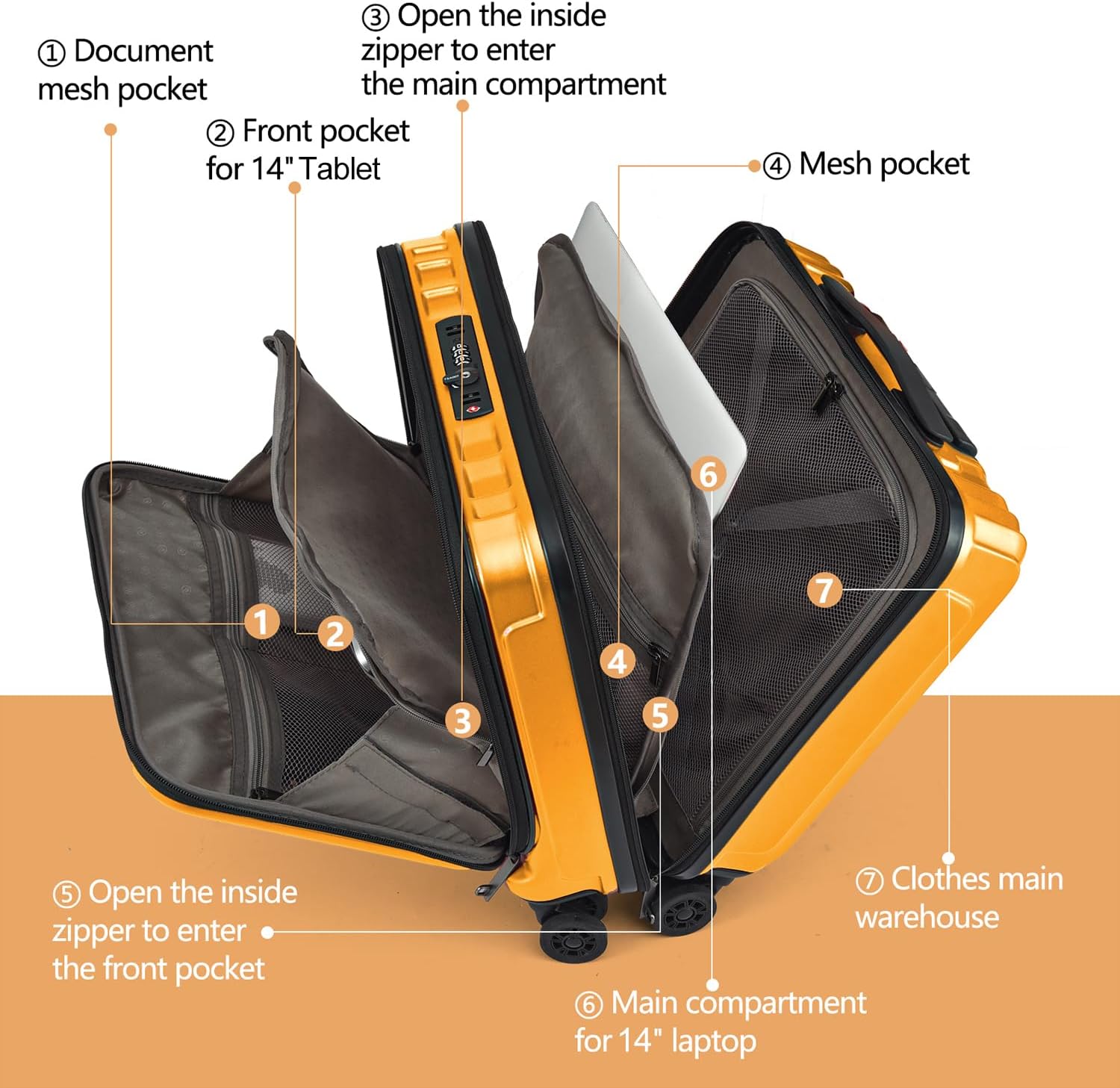 TydeCkare 16' Carry on Luggage with 2 Laptop Compartments, Lightweight Hardshell ABS+PC Suitcase with Dual Control TSA Lock, with YKK Zipper, 4 Spinner Silent Wheels, for Business Travel, Orange