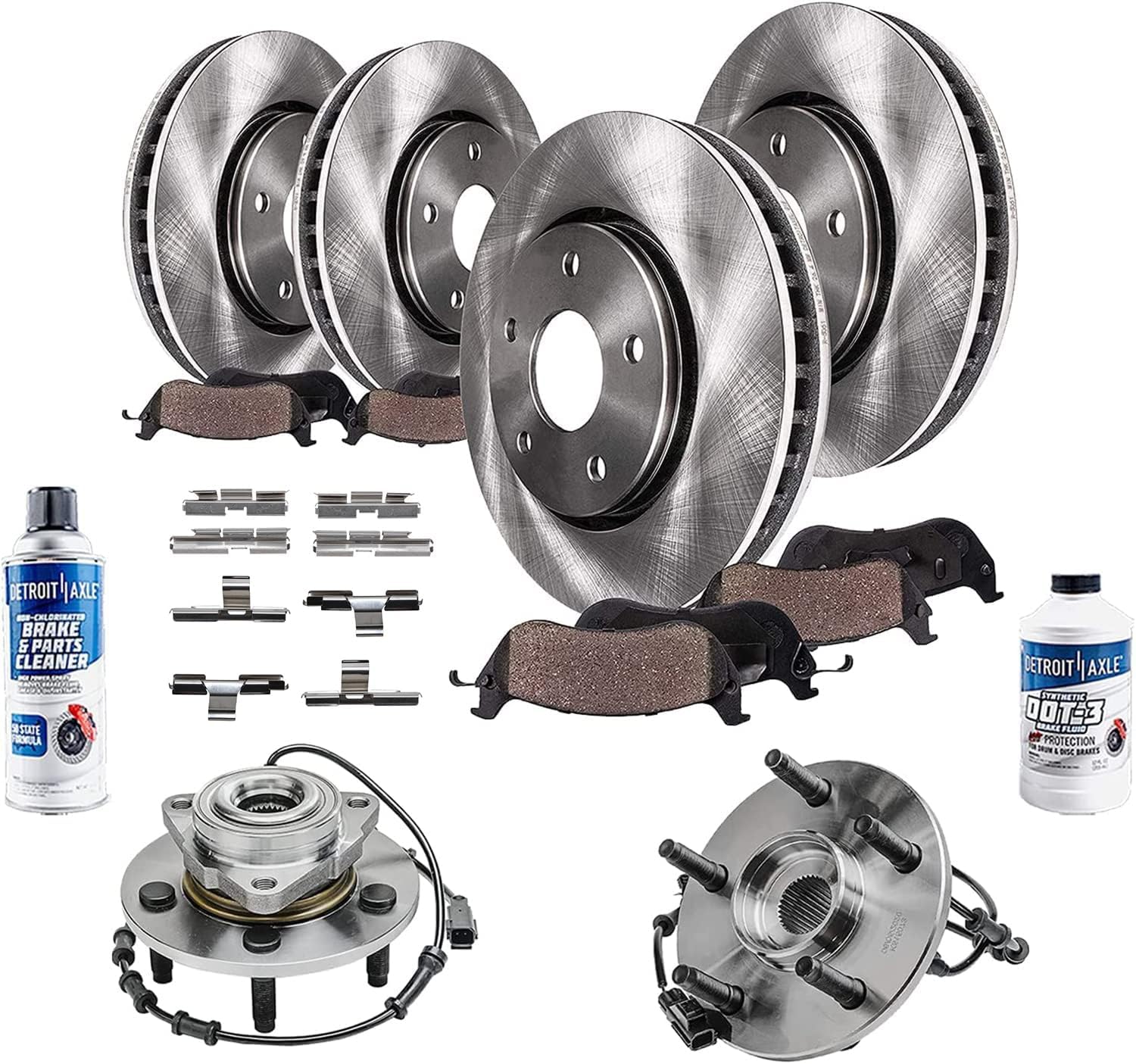 Detroit Axle - Wheel Bearing Hubs Brake Kit for 2002-2005 Dodge Ram 1500 [5 Lug] Front Rear Disc Brake Rotors Ceramic Brakes Pads Front Wheel Bearing Hubs 2003 2004 Replacement