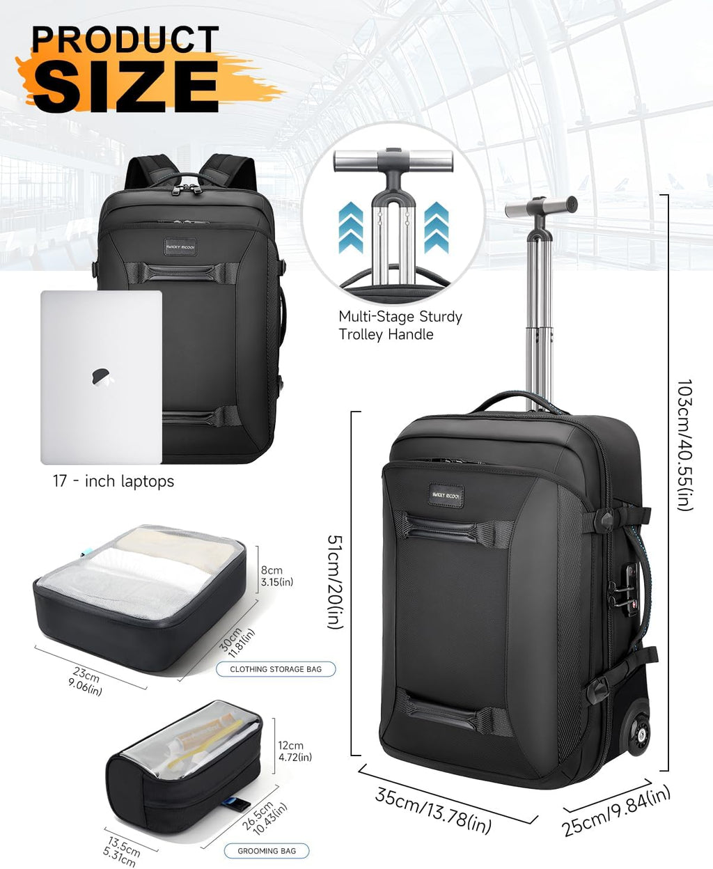 Backpack with wheels,Rolling laptop backpack with 2 Packing Cubes,Water-Resistant,Wheeled backpack Suitcase for Men Adults to Travel, Commuting,Black