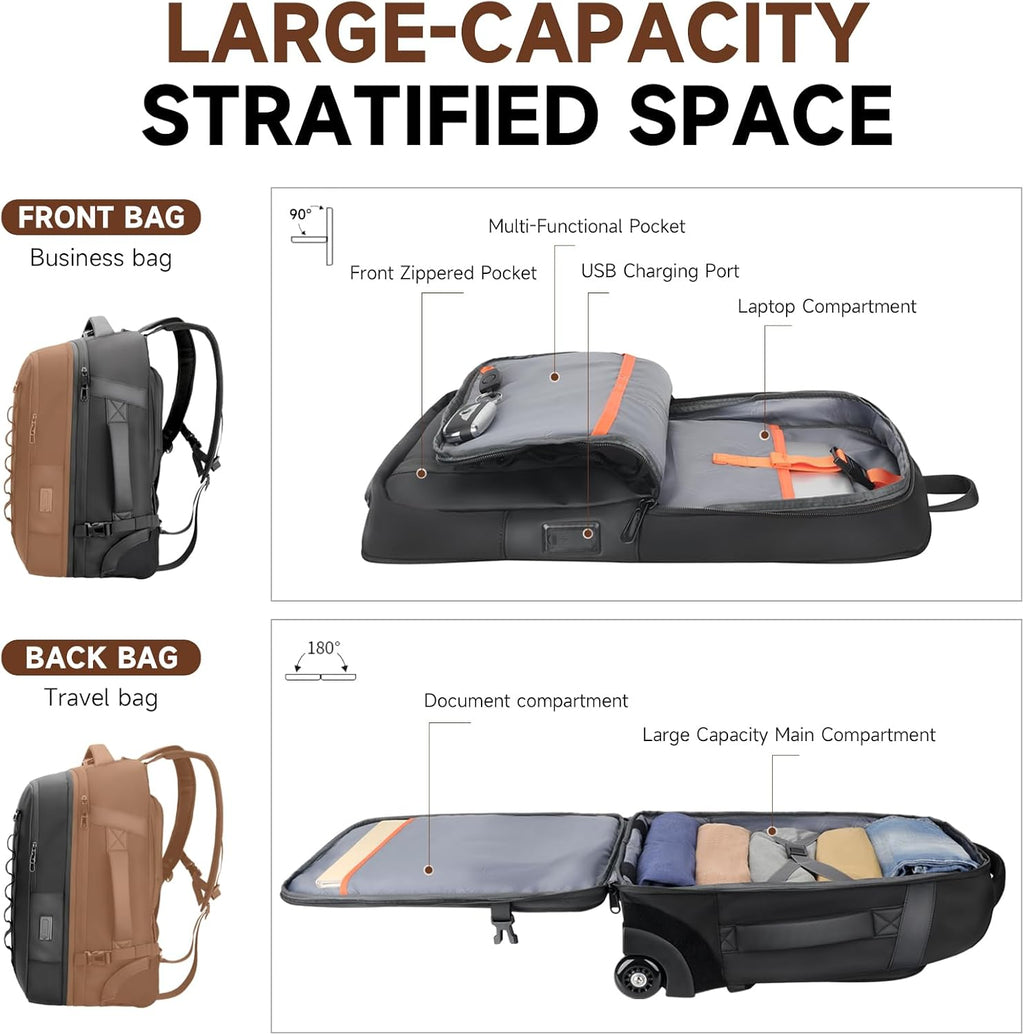 2-in-1 Detachable Carry On Rolling Backpack - Splits into Two Bags for Travel, 50L Wheeled Backpack with 17.3″ Padded Laptop Sleeve, USB Charging Ports, TSA Lock, Waterproof Luggage Suitcase