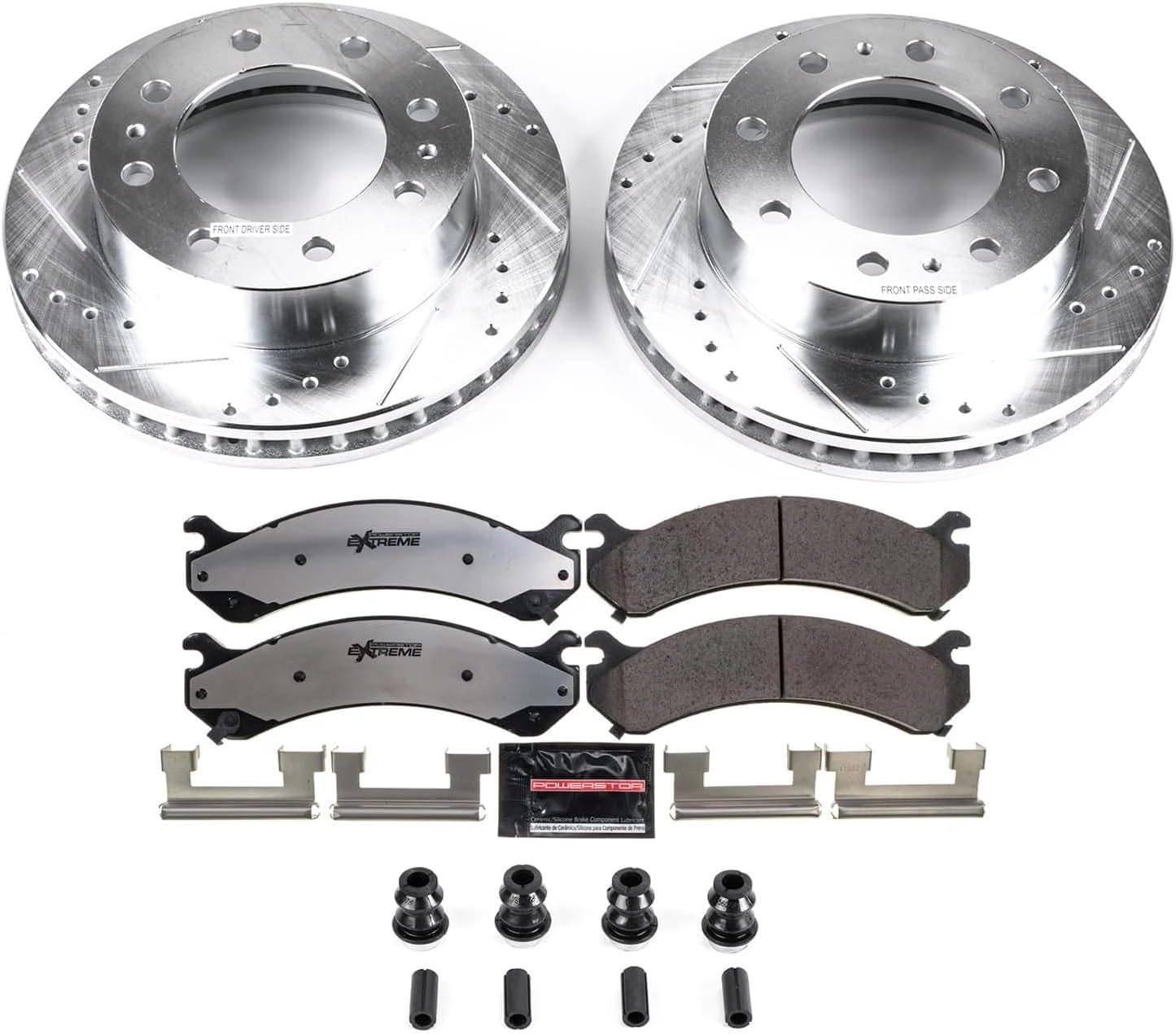 PowerStop Front Brake Kit For Chevy Silverado 2500 HD 2001-10 |Express 3500 2003-20 |GMC Savana 3500 2003-20 - Truck & Tow Carbon Fiber Ceramic Brake Pads + Drilled & Slotted Rotors Upgrade, K2071-36