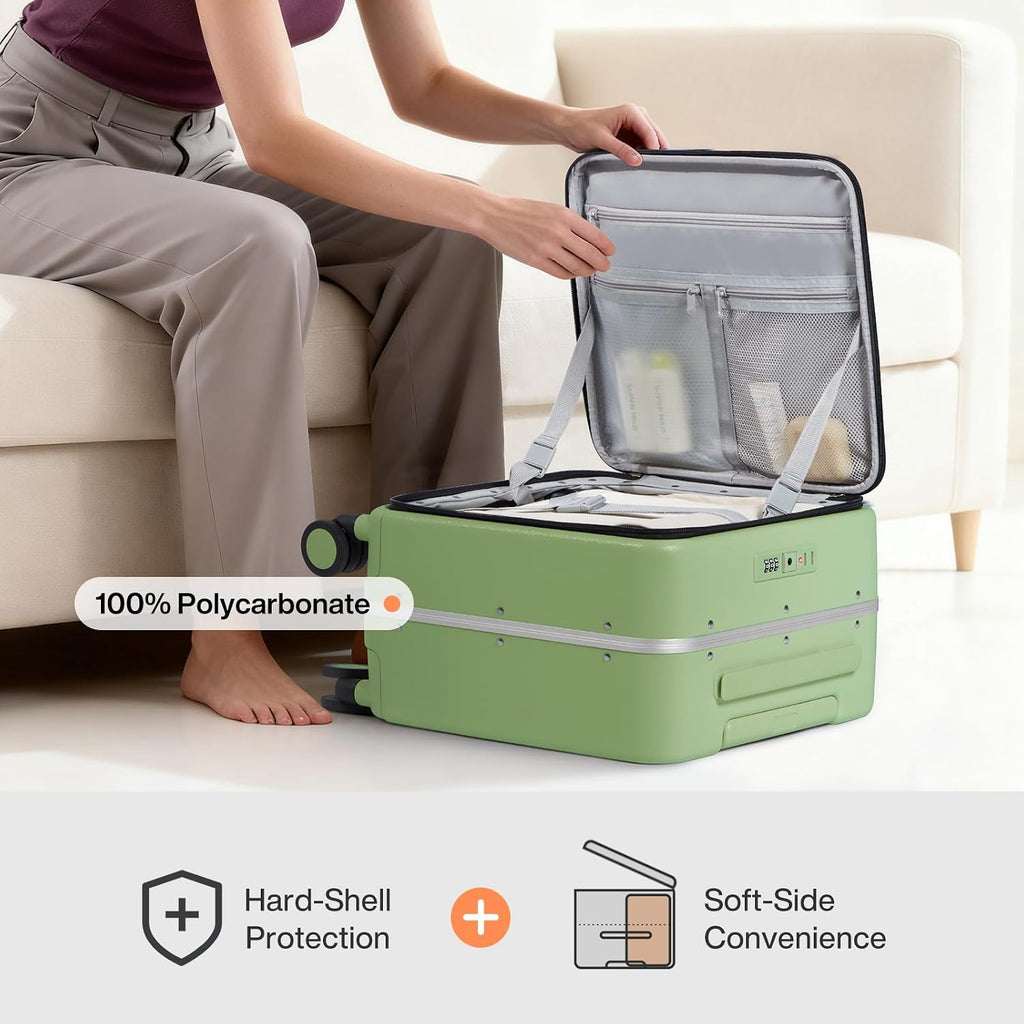mixi 17x14x9 Carry On Luggage Underseat PC Hard Shell Suitcase Top Opening Aluminum Frame Travel Suitcases with Wheels, Avocado Green
