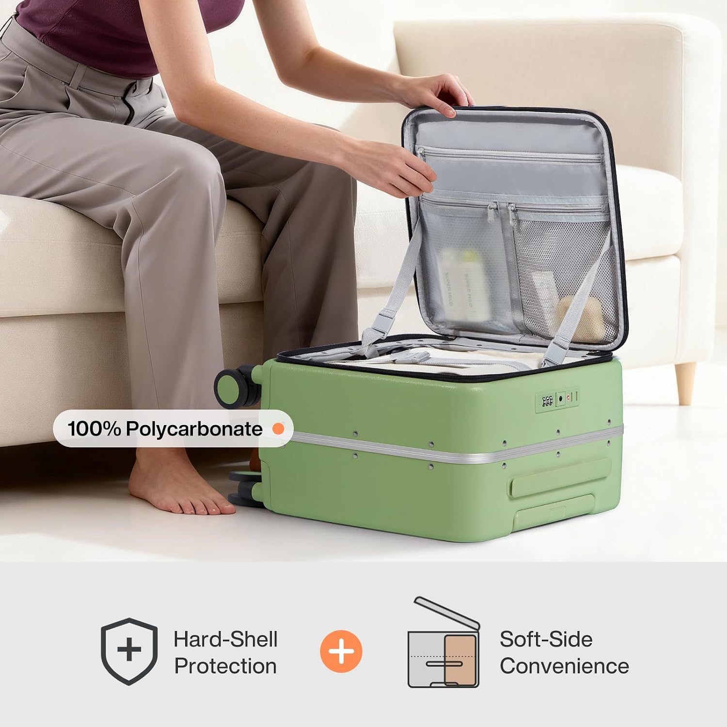 mixi 17x14x9 Carry On Luggage Underseat PC Hard Shell Suitcase Top Opening Aluminum Frame Travel Suitcases with Wheels, Avocado Green