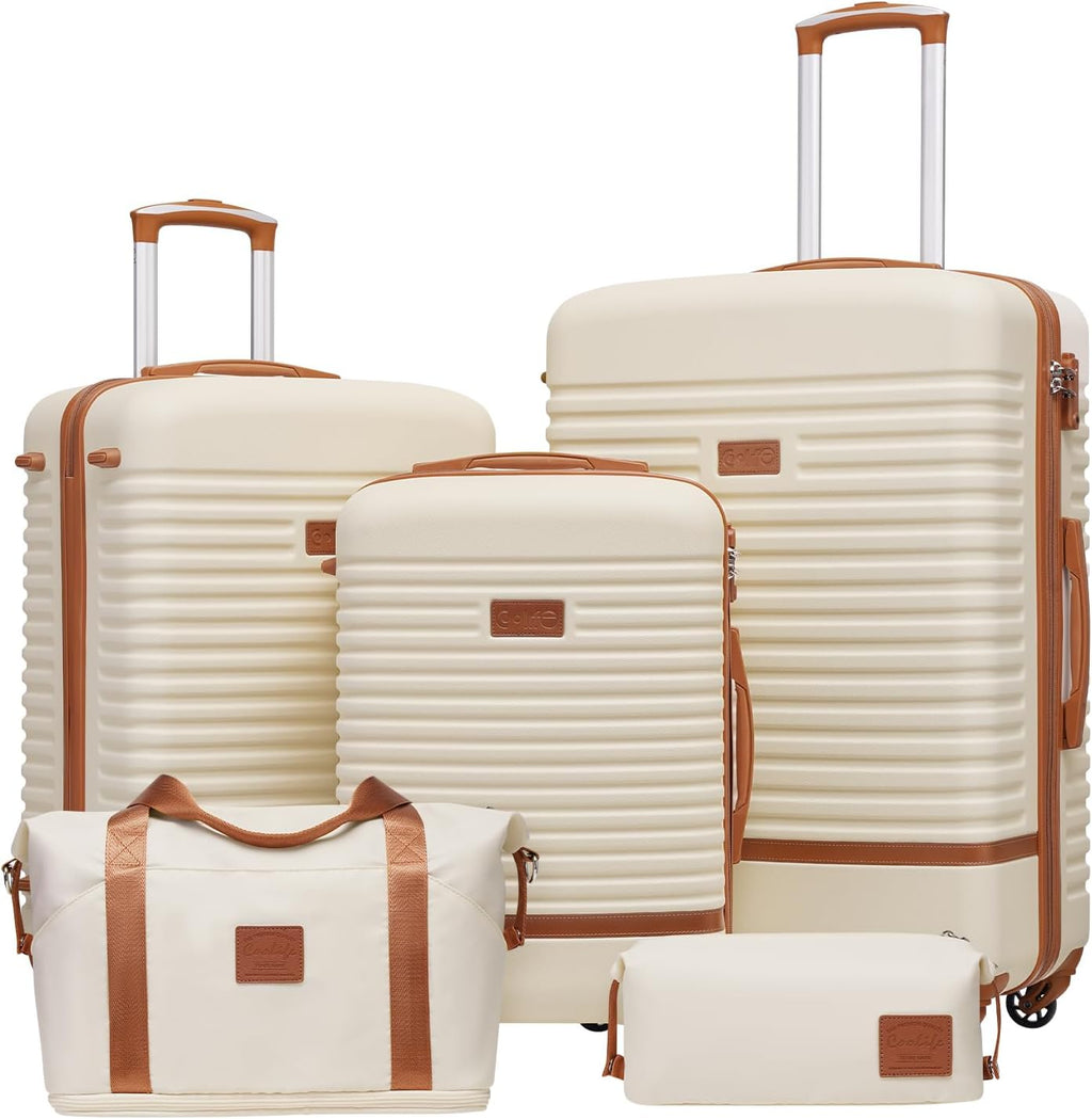 Coolife Suitcase Set 3 Piece Luggage Set Carry On Travel Luggage TSA Lock Spinner Wheels Hardshell Lightweight Luggage Set(White, 5 piece set)