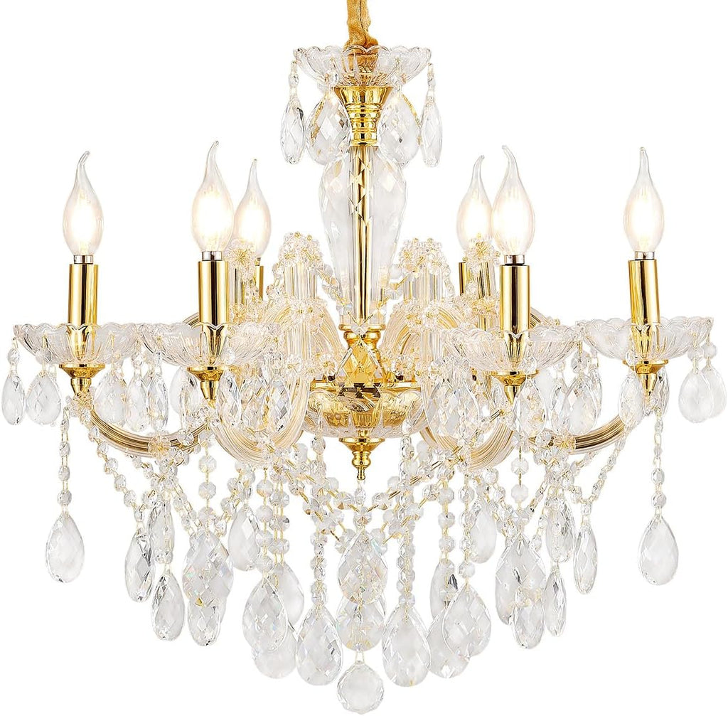 YLONG-ZS 6-Light Crystal Gold Chandelier Light Fixture for Bedroom,Modern Pendant Light Crystal Raindrop Lighting Hanging Chandelier for Living Room, Kitchen,Dining Room, Bedroom,Entryway
