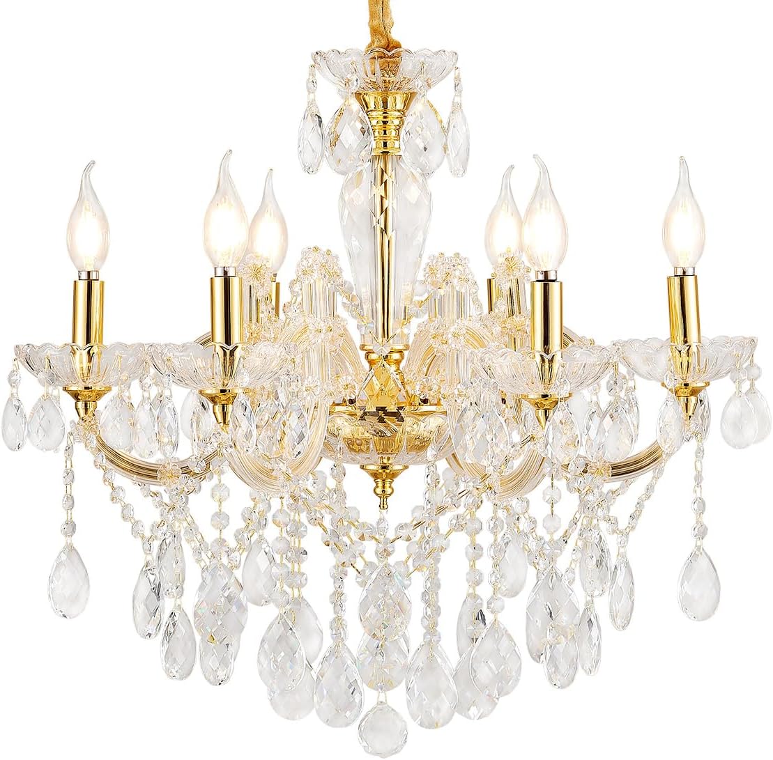 YLONG-ZS 6-Light Crystal Gold Chandelier Light Fixture for Bedroom,Modern Pendant Light Crystal Raindrop Lighting Hanging Chandelier for Living Room, Kitchen,Dining Room, Bedroom,Entryway