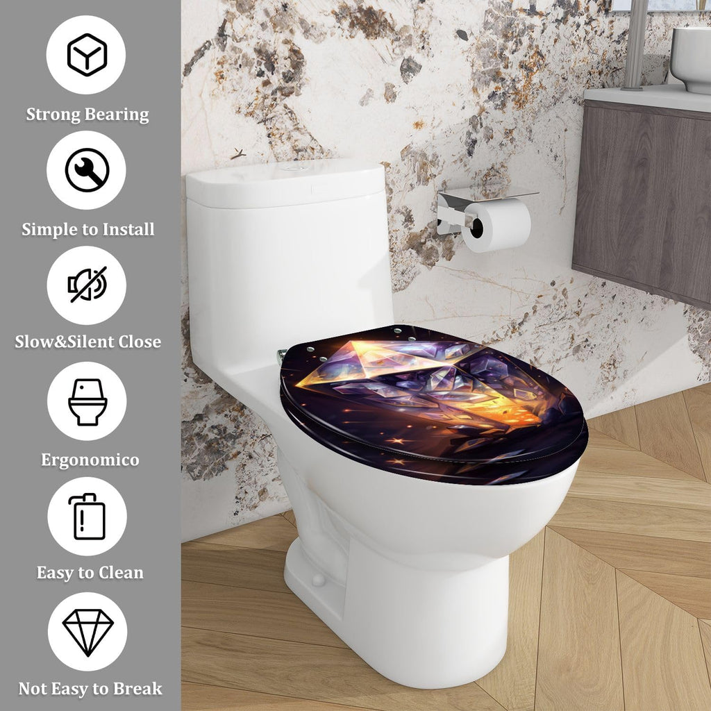 Elongated Toilet Seat Ayst Crystal Gem Purples Gold Silver Flecks Resin Toilet Seat Quietly Close Quick Release Hinges Decorative Toilet Seat with Cover Easy to Install