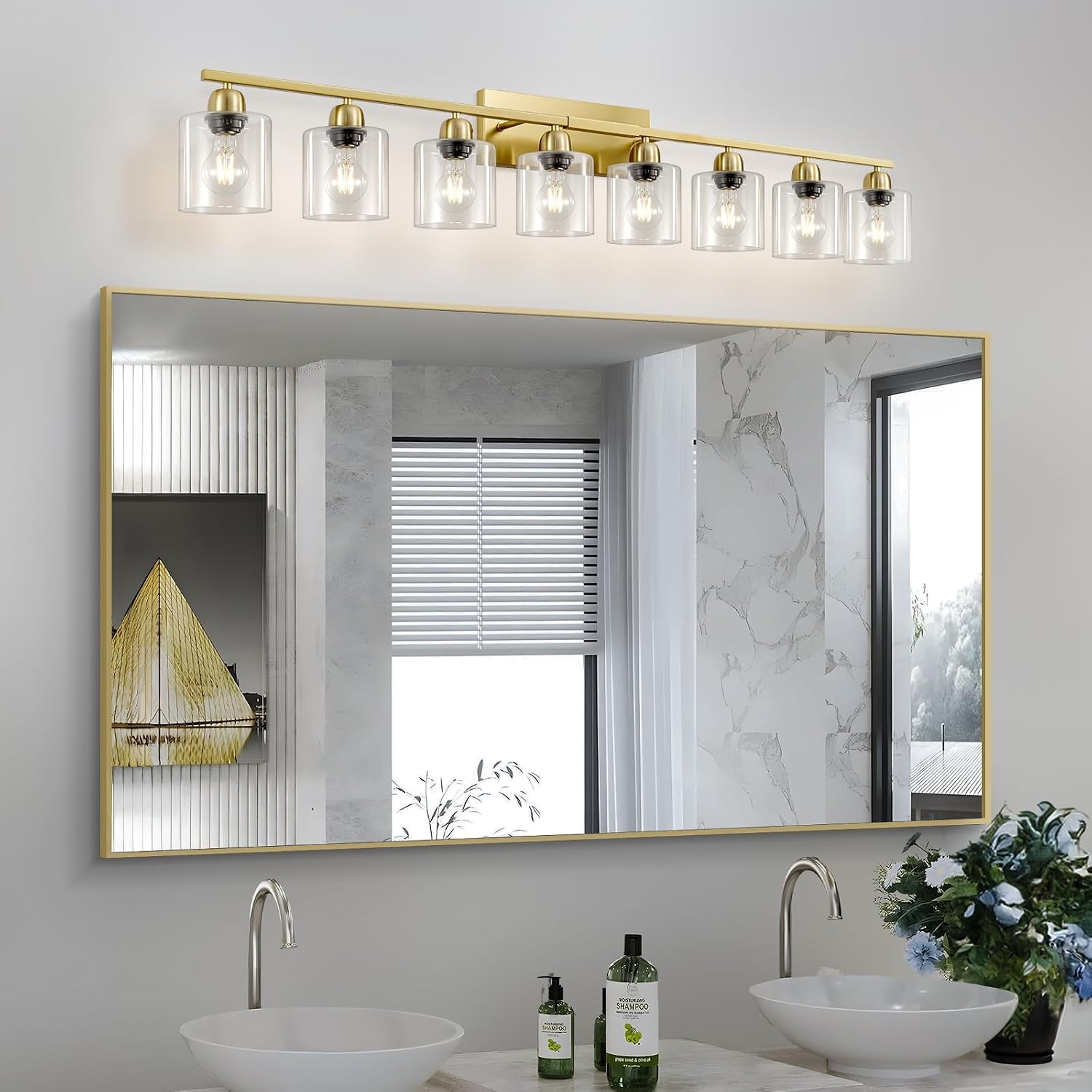 Bath Vanity Lights for Mirror, Restroom Lights Fixtures with Milky White Frosted Glass Shades,Bathroom Over Sink Light Fixtures (Gold & Clear Glass, 8-Light)