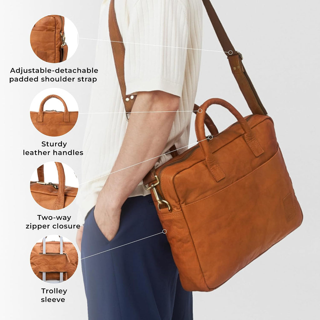BERLINER BAGS Vintage Genuine Leather Laptop Bag Madrid, Work Bag, Briefcase for Men and Women - Brown