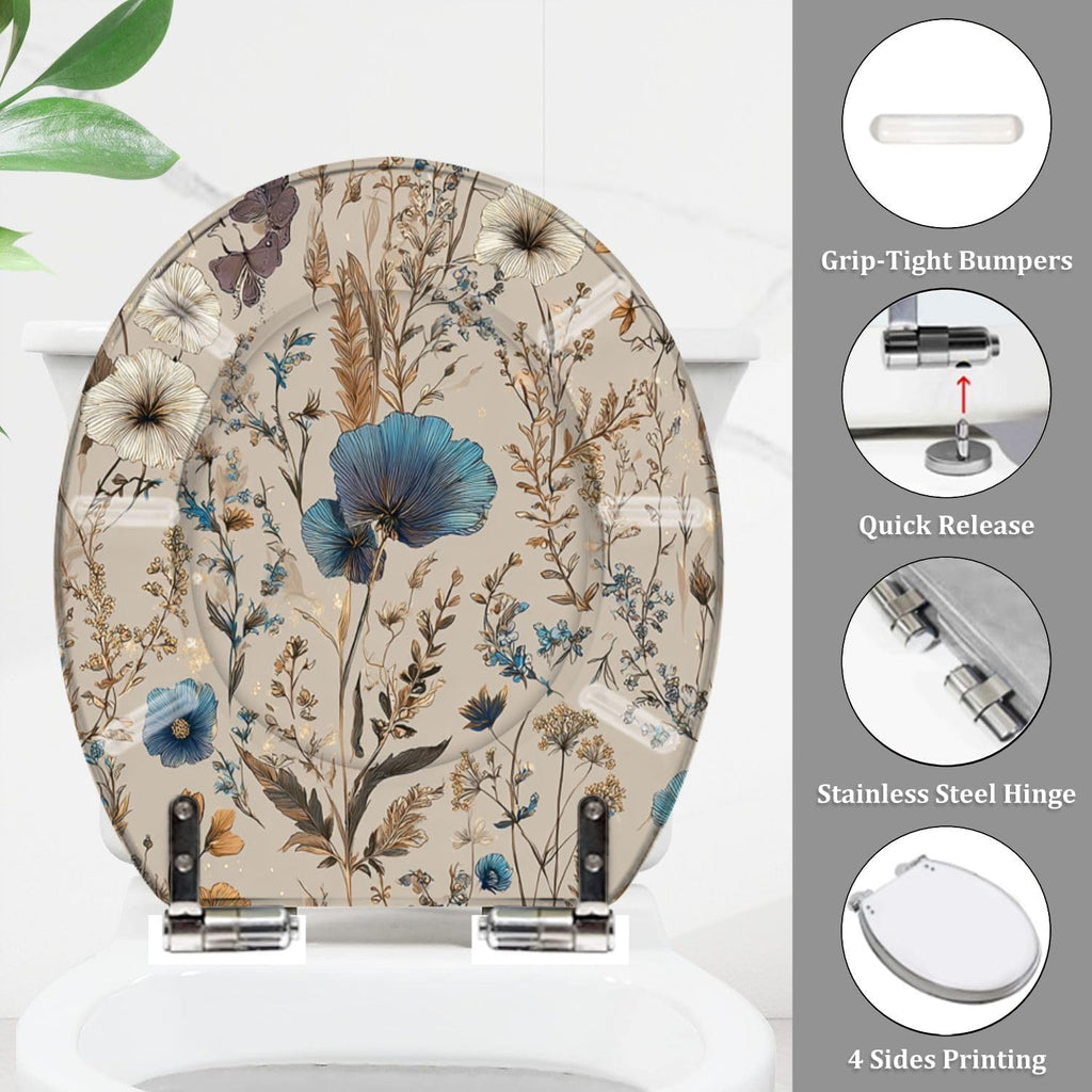 Round Toilet Seat Elegant Floral Blue White Golden Accents Butterflies Resin Toilet Seat Quietly Close Quick Release Hinges with Cover Bumpers Decorative Easy to Install Clean