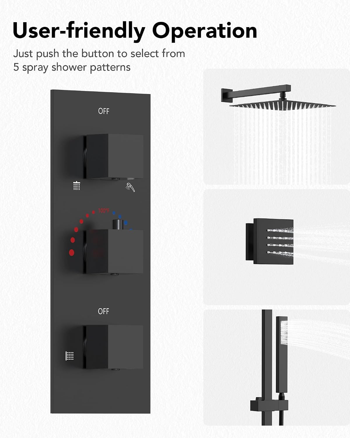 12' High-Pressure Rainfall Shower System with Slide Bar & 6 Body Jets, Wall Mount Bathroom Shower Faucet Set (Matte Black)