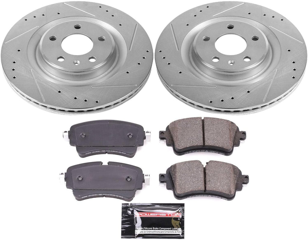 PowerStop Rear Brake Kit for Audi A4 2017-18 |A4 allroad 2017-20 |A4 Quattro 2017-20 |A5 Quattro 2018-20 - Drilled and Slotted Disc Rotors with Carbon-Fiber Ceramic Brake Pads Replacement, K7431