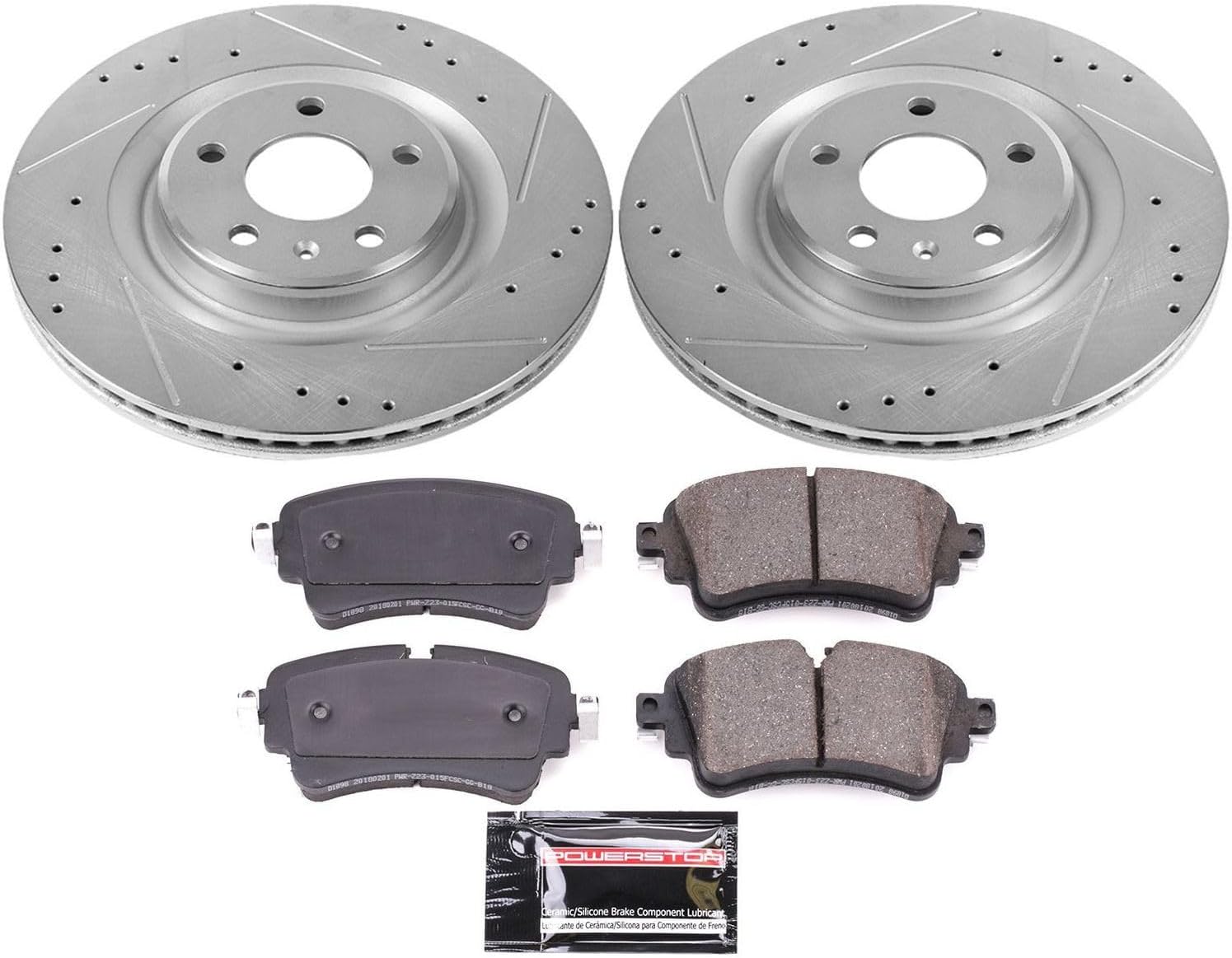 PowerStop Rear Brake Kit for Audi A4 2017-18 |A4 allroad 2017-20 |A4 Quattro 2017-20 |A5 Quattro 2018-20 - Drilled and Slotted Disc Rotors with Carbon-Fiber Ceramic Brake Pads Replacement, K7431