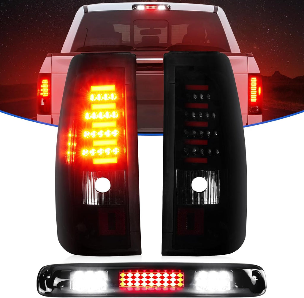 LED Tail Light + 3rd Brake Light Kit Fit for Chevy Silverado & for GMC Sierra 1500 2500 HD 2003-2006, Silverado Sierra 3500 2004-2006, Silverado/Sierra Classic Models 2007, Black Housing Smoke Lens