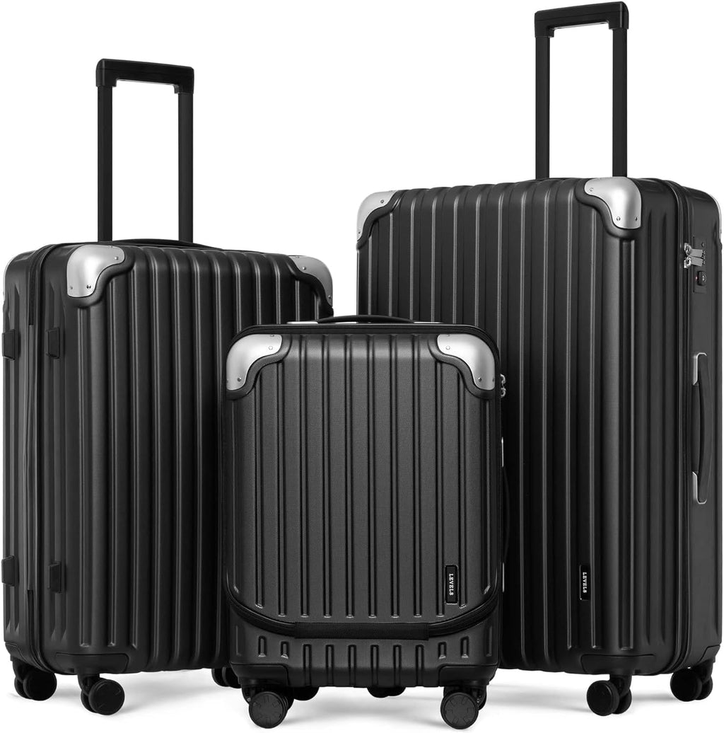 LEVEL8 Grace Luggage Sets Hardshell Suitcase with Wheels, Sturdy Large Suitcase Tsa Lock 20 Inch Expandable Carry on 24 Inch 28 Inch Checked Luggage, 3-Piece Set (20/24/28), Black