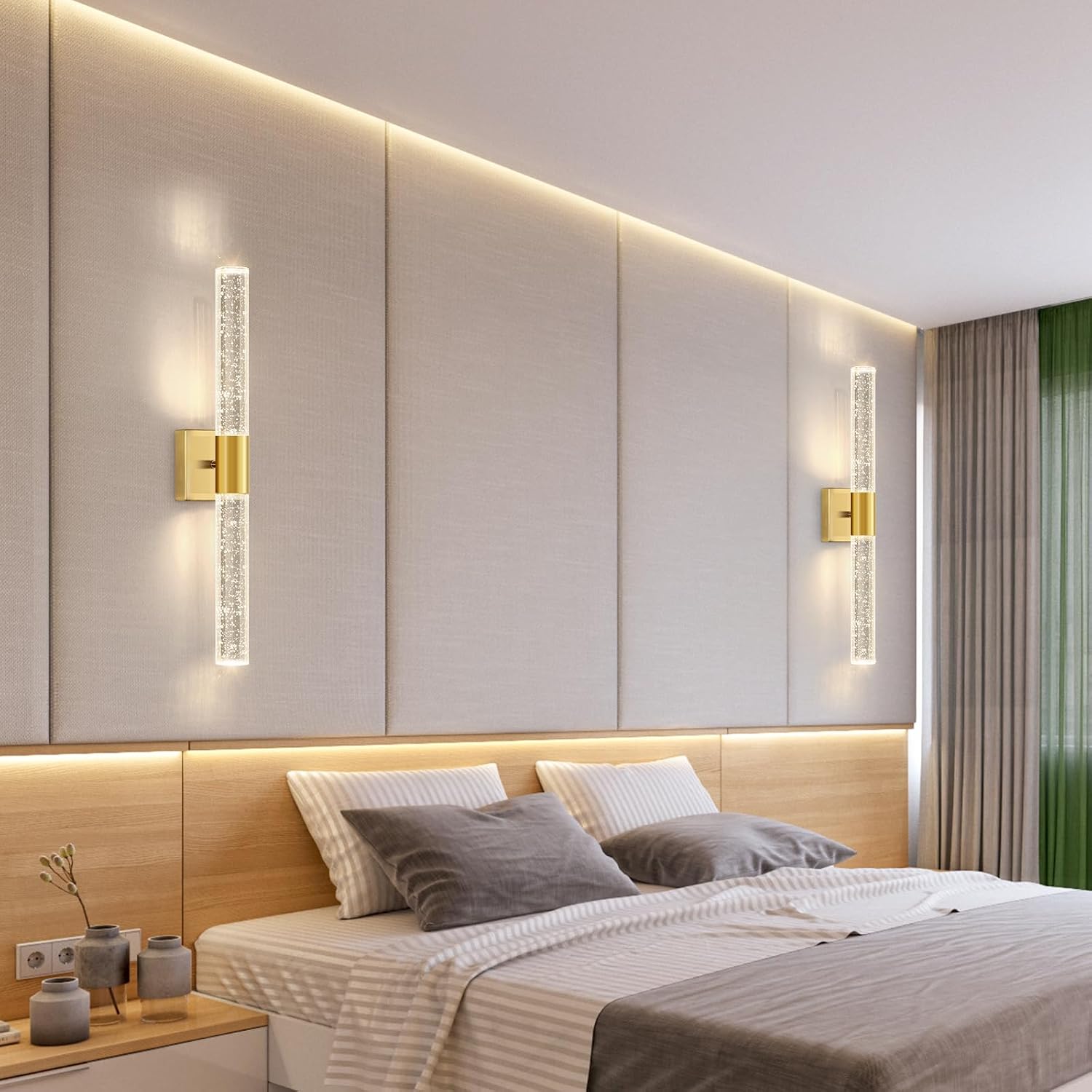 Brushed Gold LED Wall Sconces Set of 2 with LED Warm Light Interior Glam Crystal Wall Light, Hardwired