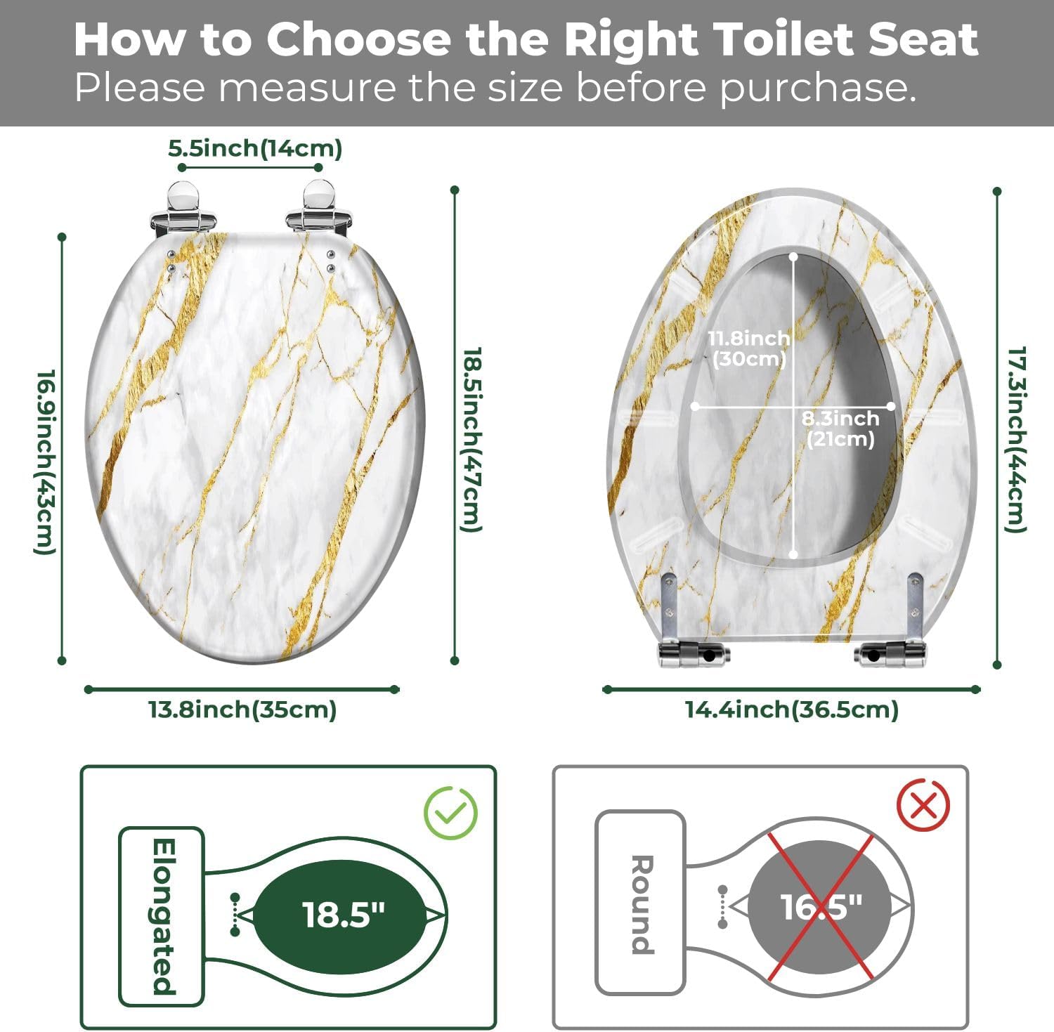Elongated Toilet Seat White gold marble luxury wall texture shine golden line abstract Art Resin Toilet Seat Easy to Install Quietly Close Quick Release Hinges Decorative Toilet Seat with Cover