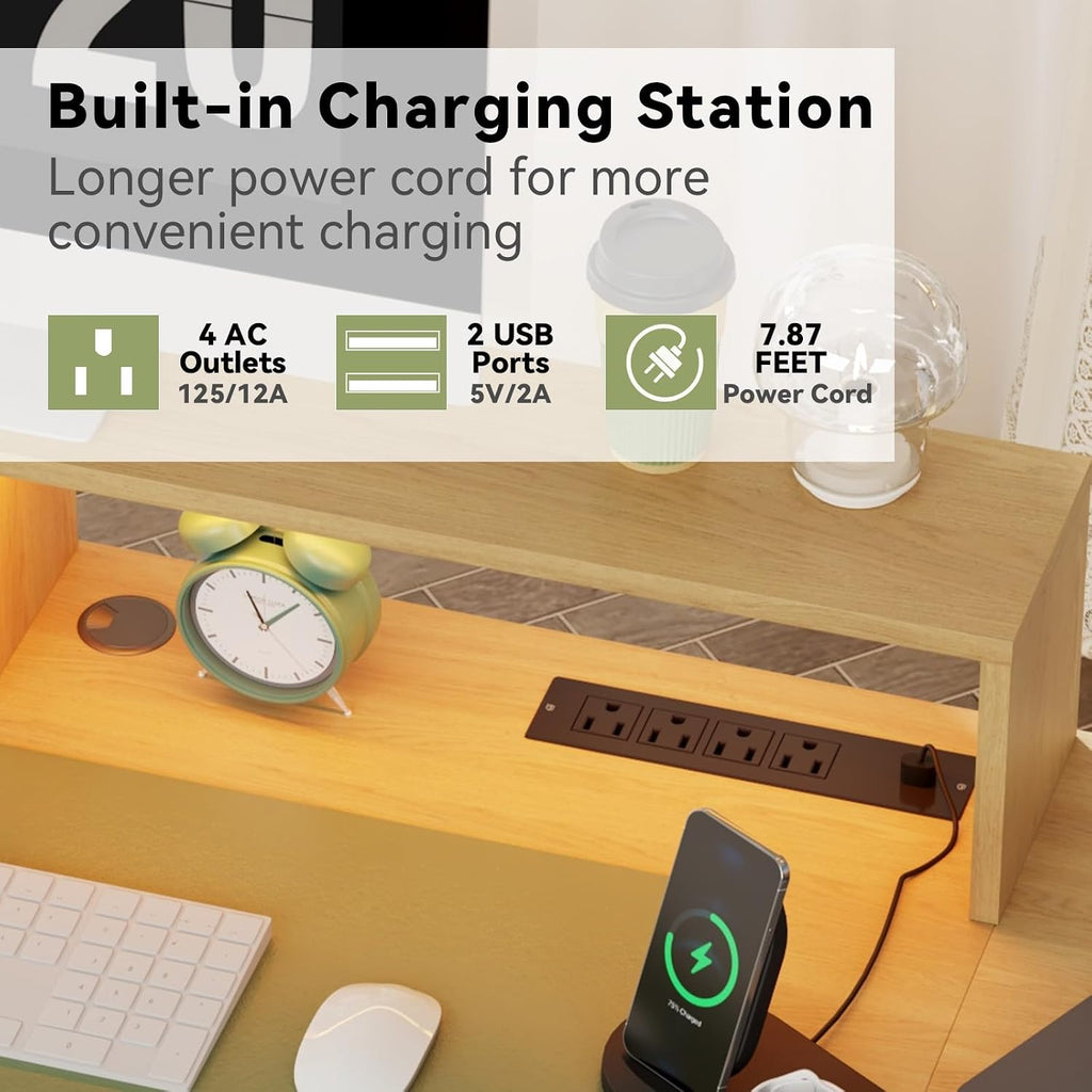Fluted Desk with Drawers, 63' Home Office Executive Desk with Lift Top, Filing Cabinet, Gaming Desk Charging Station, Sensor Lights, Computer Table with Monitor Stand, Natural Wood