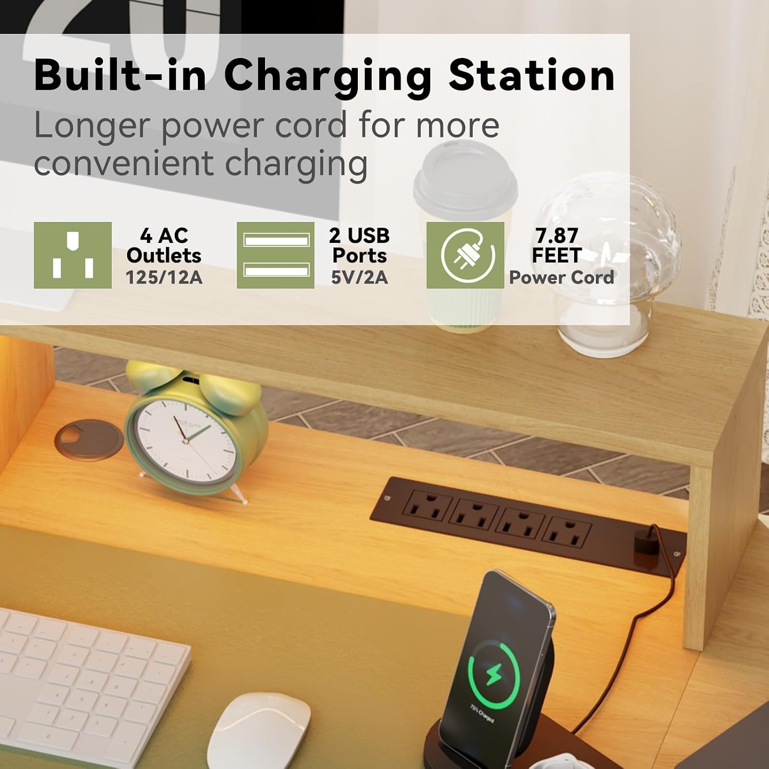 Fluted Desk with Drawers, 63' Home Office Executive Desk with Lift Top, Filing Cabinet, Gaming Desk Charging Station, Sensor Lights, Computer Table with Monitor Stand, Natural Wood